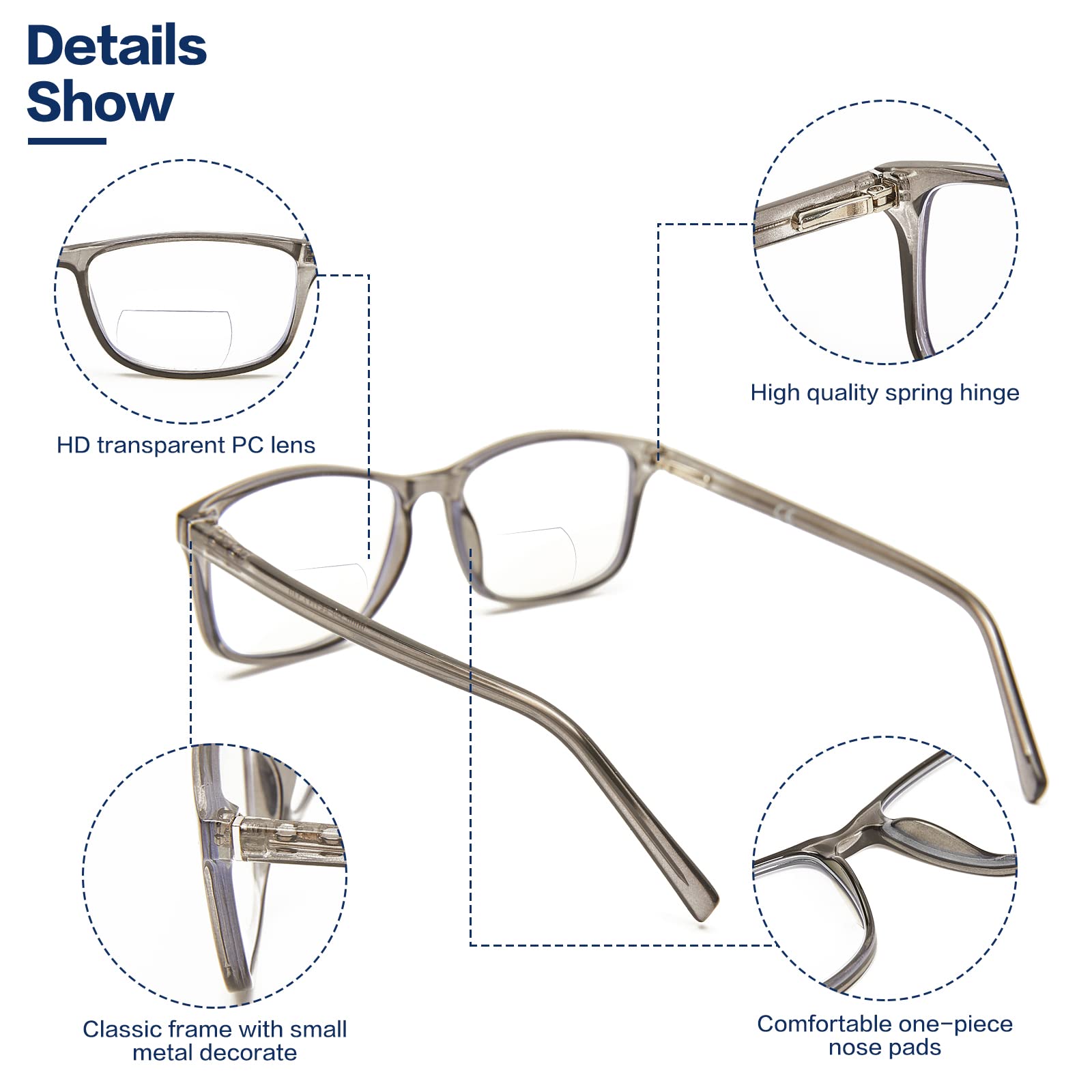 Kafirlo Bifocal Reading Glasses Women Men Blue Light Prescription Computer Reader Clear Top Wide Full Frame Cheater Ultralight Stylish Transition Progressive Square Lightweight Eyeglasses 3 Pack +1.0