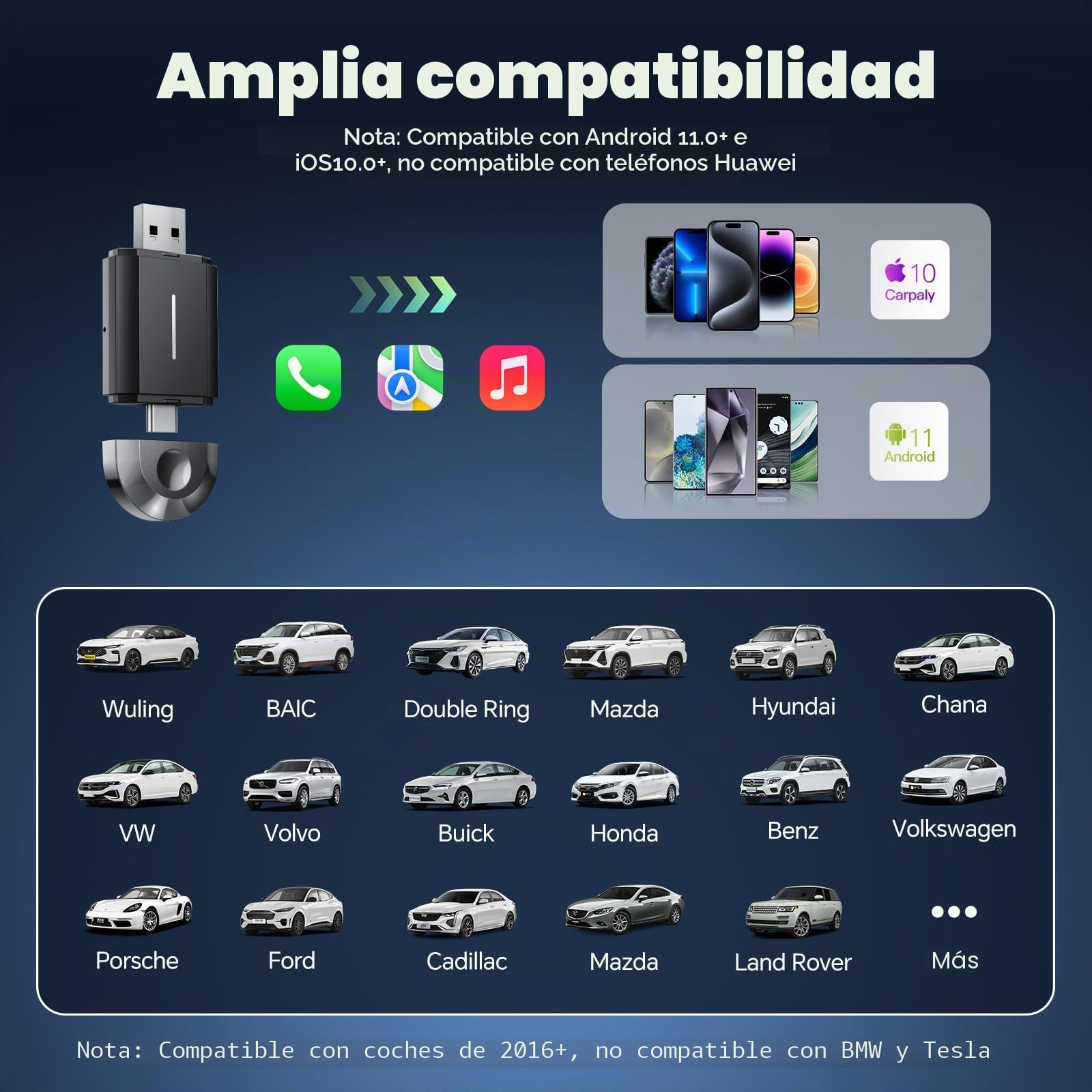 LAMTTO Adaptador Carplay Inalámbrico 2 en 1 Carplay Android Auto con y USB-C/A, Plug & Play, Conexión Fluida y Estable, Sin latencia, Wireless Compatible con iOS 10+/Android 11+ y