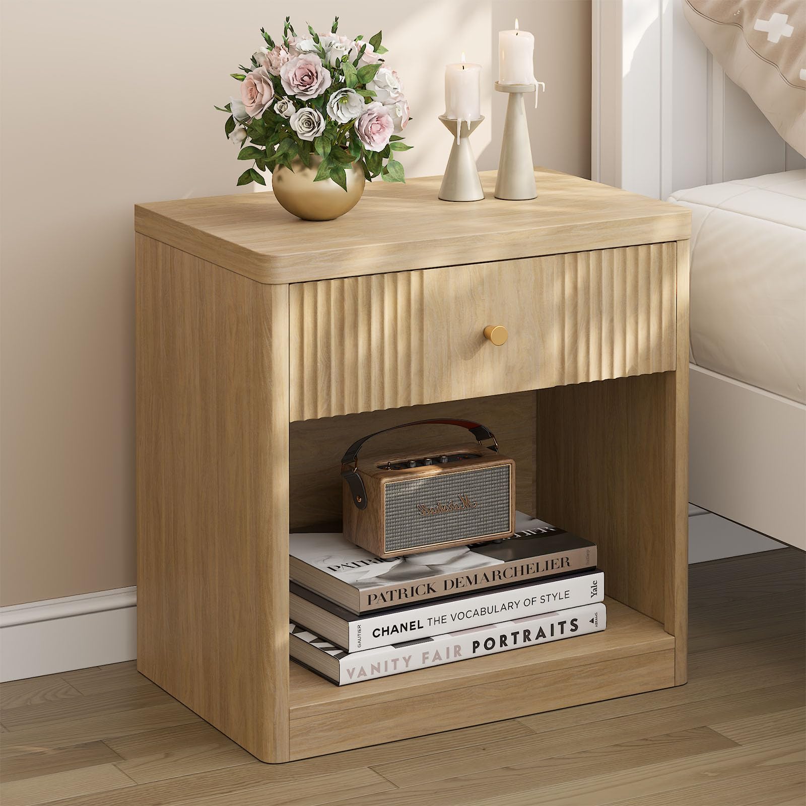 Night Stand Nightstands with Drawer, Large Modern Fluted Bedside Table Bed Side Table End Table with Storage for Bedroom, Living Room, Sofa, Office,