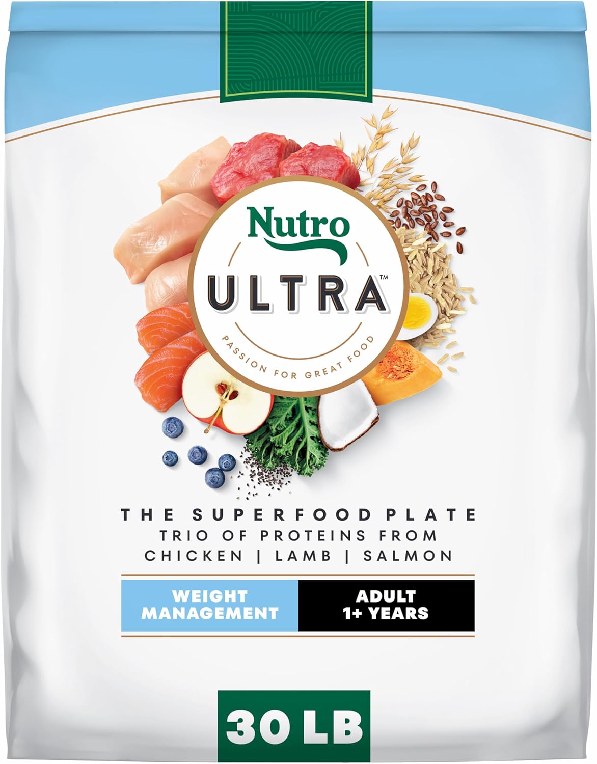 Nutro Ultra Adult Weight Management Dry Dog Food, Weight Management Dog Food Dry Chicken, Lamb and Salmon Recipe with a Protein Trio, 30 lb. Bag