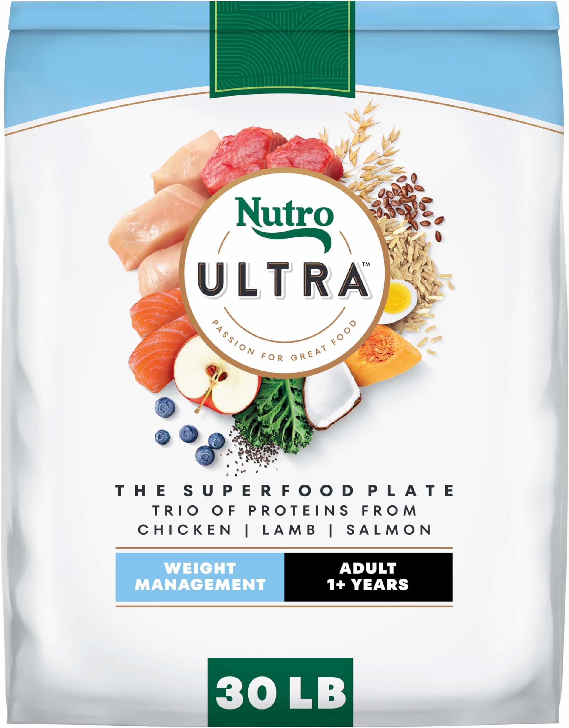 Nutro Ultra Adult Weight Management Dry Dog Food, Chicken, Lamb and Salmon Protein Trio, 30 lb. Bag