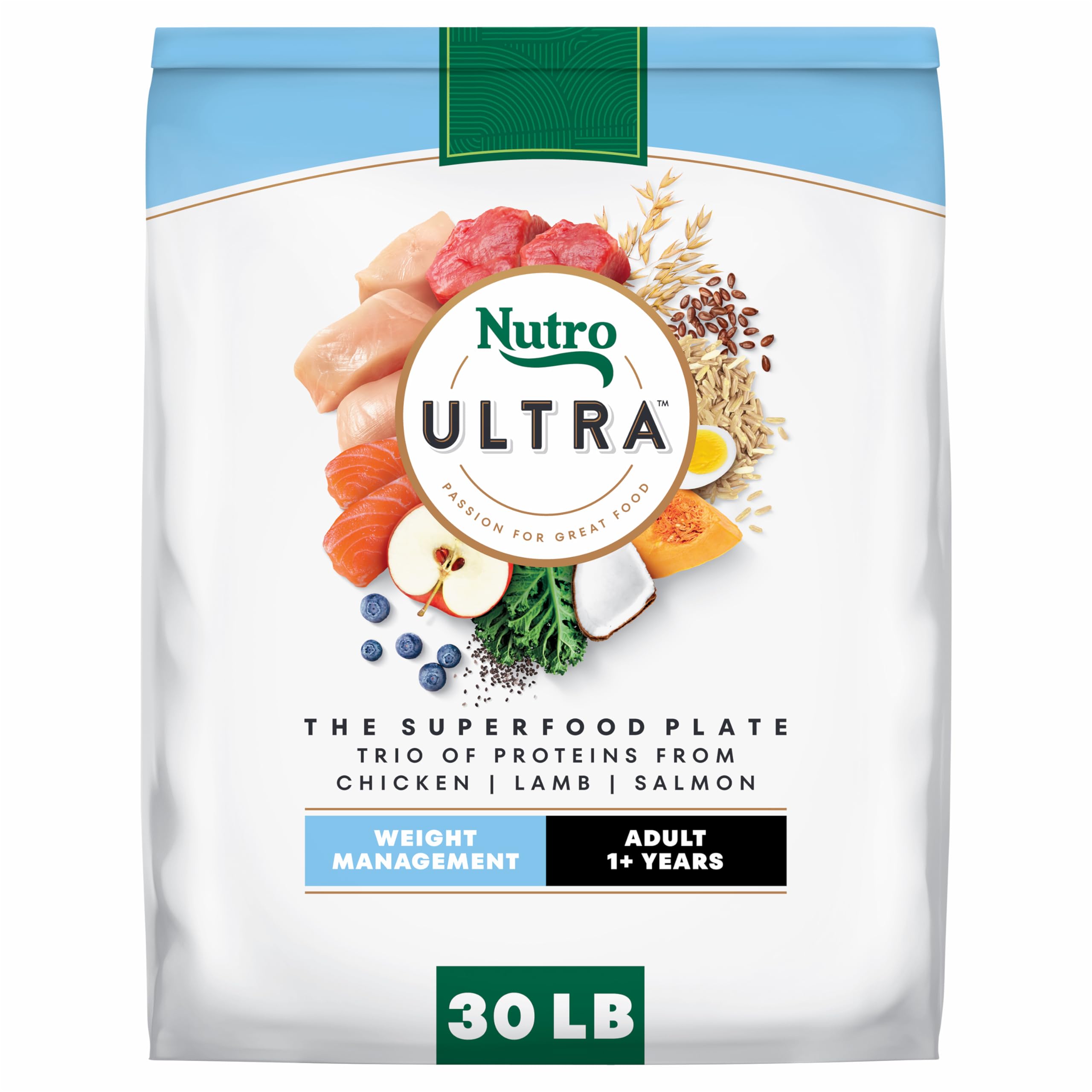 Nutro Ultra Adult Weight Management Dry Dog Food, Chicken, Lamb and Salmon Protein Trio, 30 lb. Bag