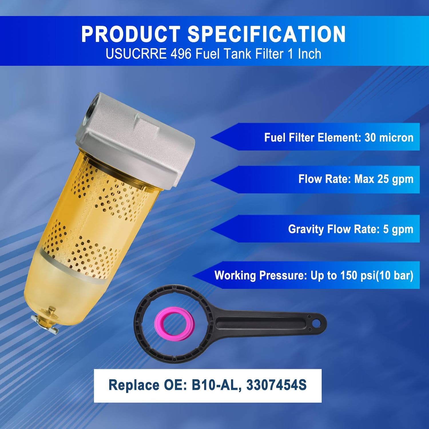 1" NPT Top Cap 496 Bowl Fuel Tank Replacement for Gasoline and Diesel Water Separate 30 Micron Filtration Max 25 Gpm 150 Psi Flow Replace# B10-AL Oil Filter Assembly with Wrench