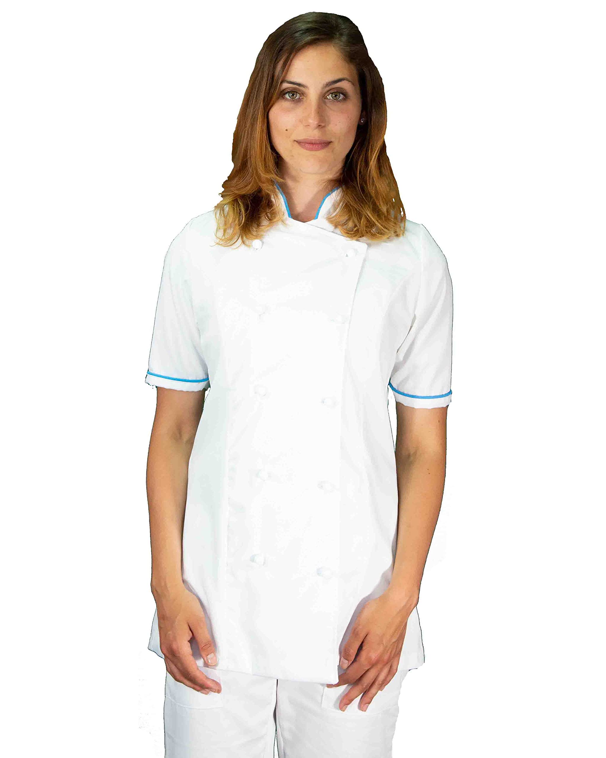 Bordado gratuito – Conjunto de cocinero de mujer blanco y cian – Uniforme Chef personalizable M/C – Chaqueta, pantalones y delantal – Uniforme para cocina y restaurante – Fabricado en