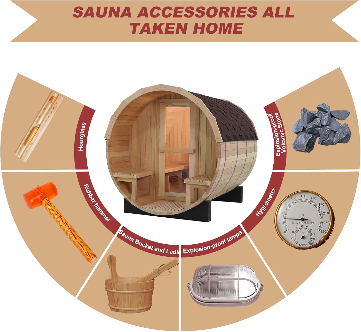 Barrel Steam Sauna Room with Porch, 4-6 People Canadian Red Cedar Outdoor Sauna, ETL TOULE 6KW Stove with Stone, Asphalt Shingles, Rugged Base(0-195℉)