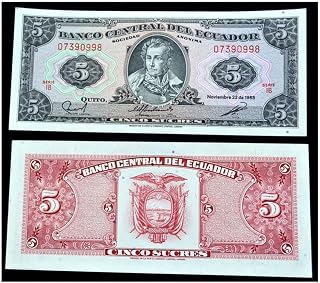 1988 EC OBSOLETE ECUADOR BANKNOTE w FOUNDER of COUNTRY! ORNATE OLD DESIGN ENGRAVED in LONDON 5 SUCRES Gem Crisp Uncirculated