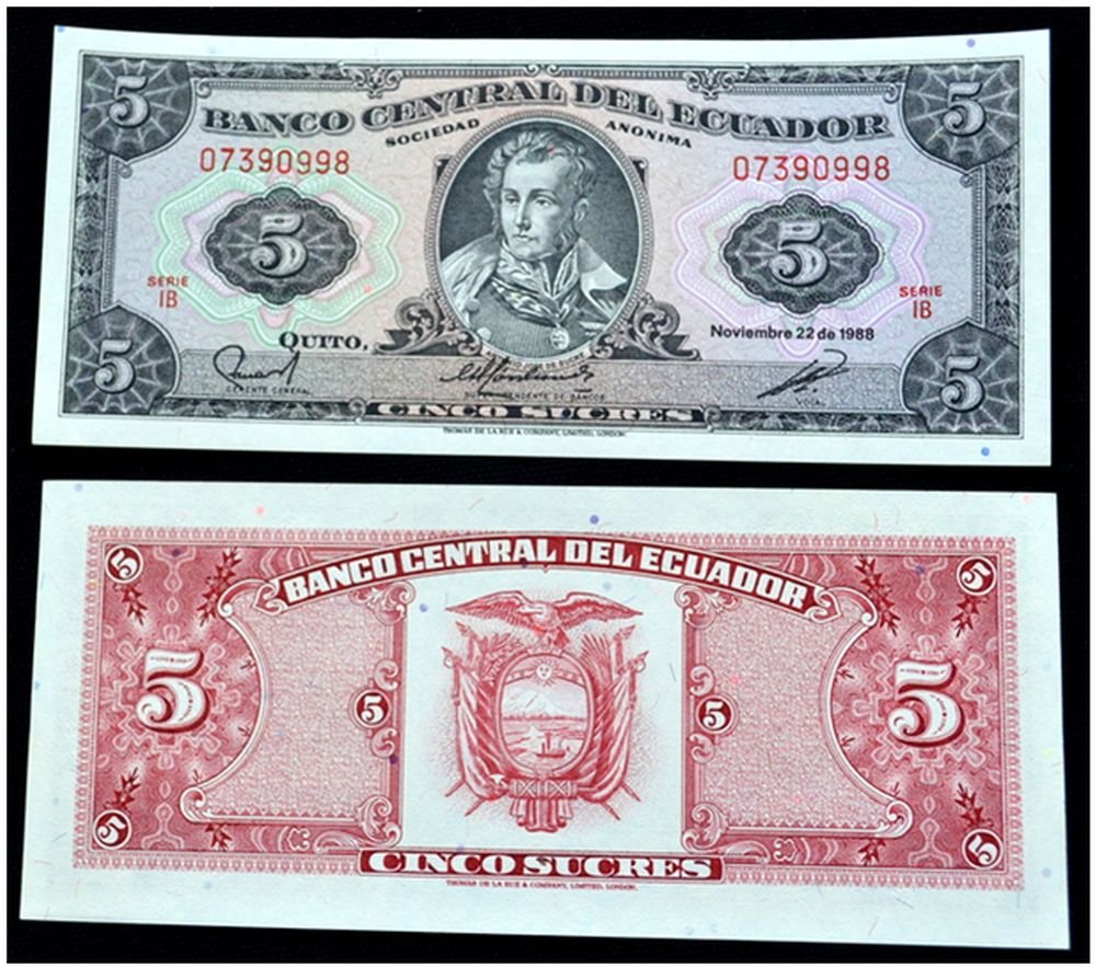 1988 EC OBSOLETE ECUADOR BANKNOTE w FOUNDER of COUNTRY! ORNATE OLD DESIGN ENGRAVED in LONDON 5 SUCRES Gem Crisp Uncirculated Thumbnail