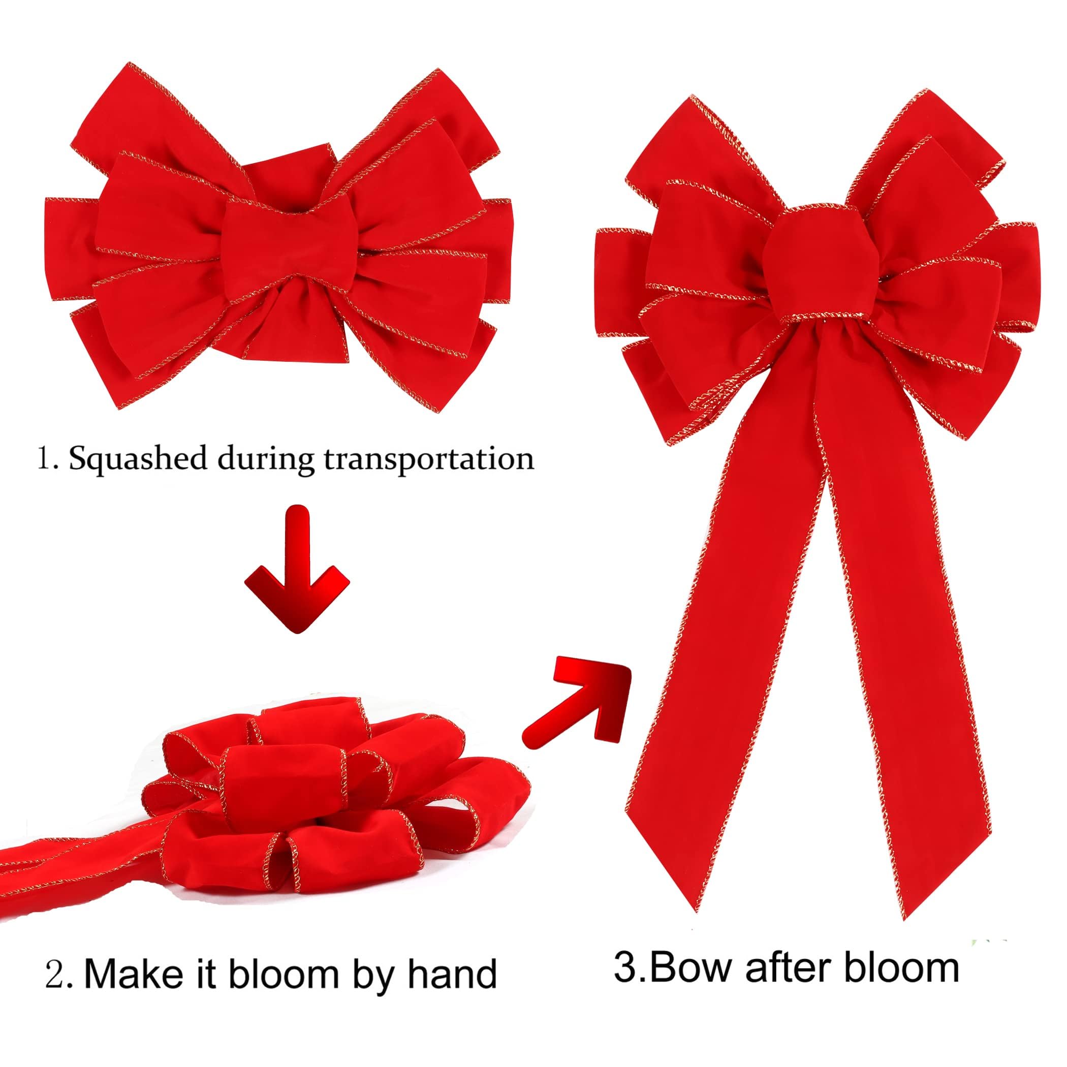 Lot De 2 Nœuds Rouges Noël 35,5x30,4 Cm – Décoration Sapin, Porte, Extérieur, Velours Avec Fil Doré