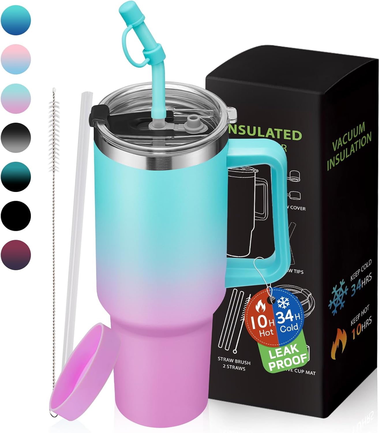 40 oz Tumbler with Handle and Straw 100% Leak-proof Coffee Tumbler Stainless Steel Insulated Travel Coffee Mug with Non Pop-off Lid, Birthday Gifts for Women Men, Water Bottle Fits in Cup Holder