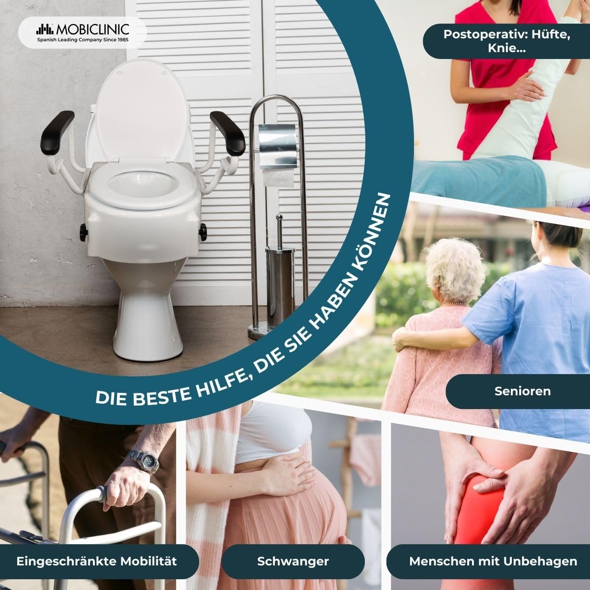 Mobiclinic®, Toilettensitzerhöhung mit Klappbaren Armlehnen, Tajo, 19 cm, mit Deckel, Höhenverstellbar (3 Stufen), Kippbar, Ideal für Senioren & Menschen mit Behinderung, Weiß