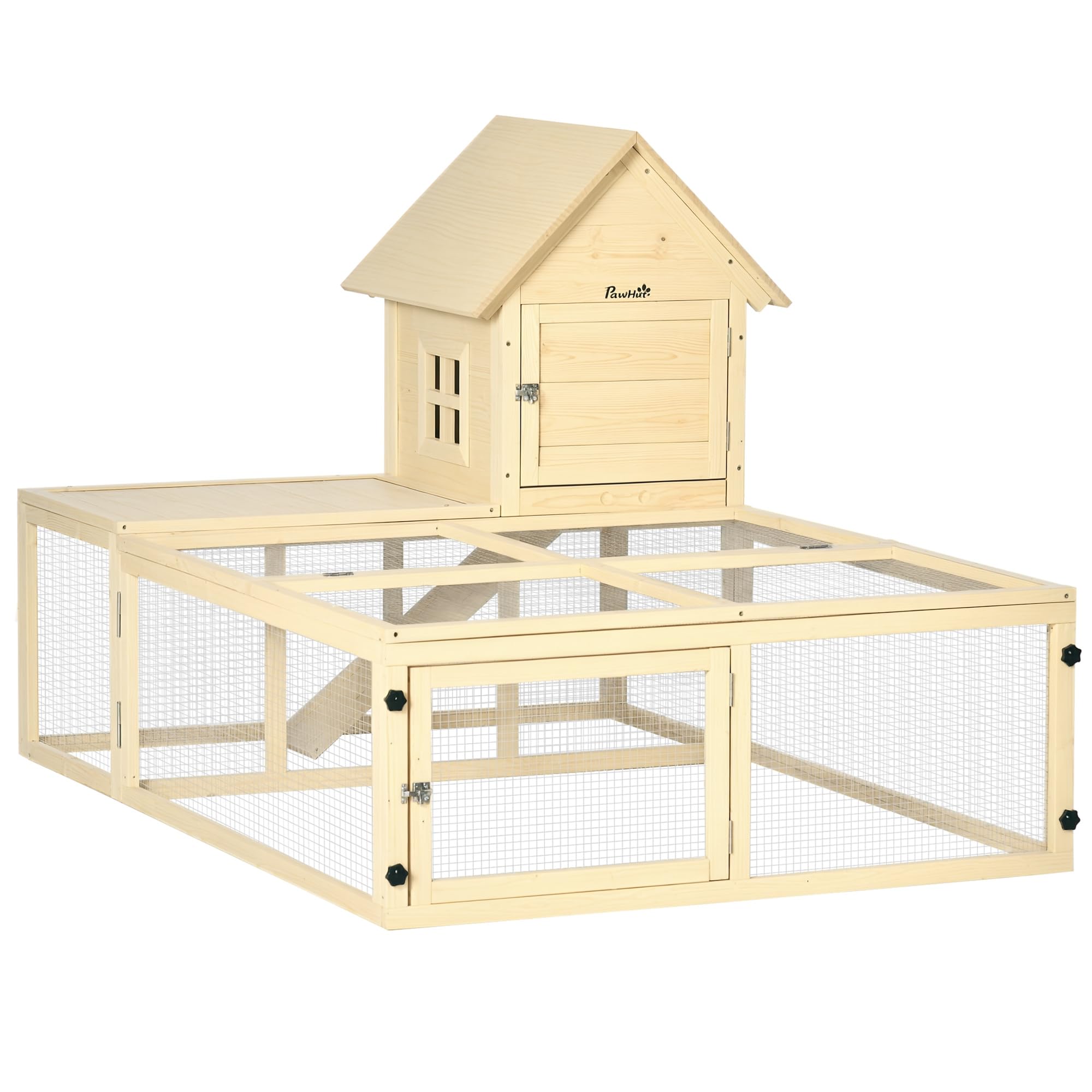 PawHut Clapier en Bois enclos pour Animaux Villa pour Lapin 2 Niveaux avec Aire de Course Rampe et Portes verouillables 151,​5 x 106 x 97 cm