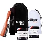 ZilberHaar - Beard Care Kit for Men - 1 Regular Beard Brush + 1 Beard Balm + 1 Moisturizing Cream + 1 Beard Bib - Stiff Boar Bristles and Beech Wood - Supplied in a Velvet Bag