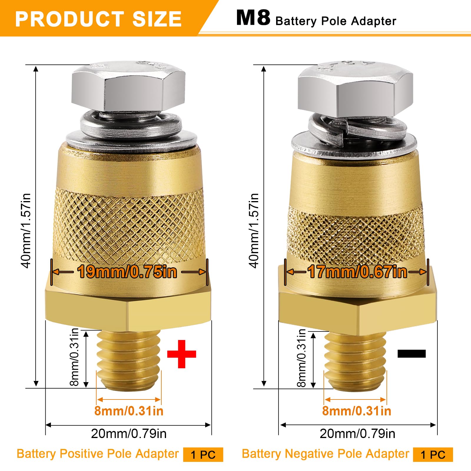 VooGenzek 1 Paio M8 Adattatore Poli Batteria, Adattatori Polo in Ottone Negativo Positivo con Viti in Acciaio Inox e Rondelle, per Batteria al Litio Auto