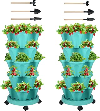 GameXcel Vertical Planter Tower - 5 Tier Stackable Garden Planters with Wheels and Tools Plant Pots for Strawberry Herb Flower and Vegetable Indoor Outdoor Use Teal 2 Pack