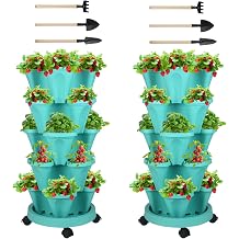 GameXcel Vertical Planter Tower - 5 Tier Stackable Garden Planters with Wheels and Tools Plant Pots for Strawberry Herb Flower and Vegetable Indoor Outdoor Use Teal 2 Pack