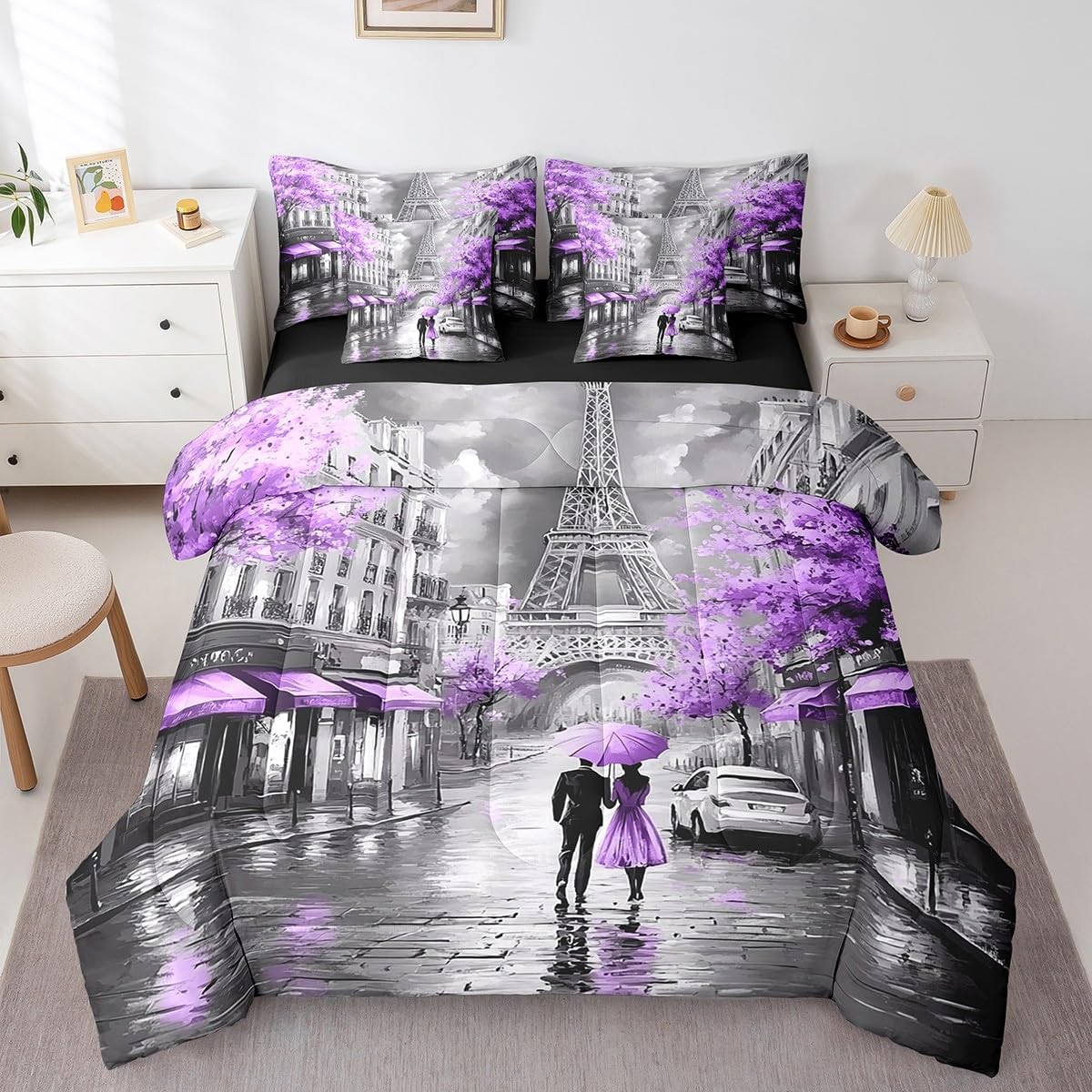 Erosebridal Eiffel Tower King Comforter Set 7 Piece,French Paris Bed in a Bag with Sheet Set for Women Girls Lover,Romantic City Bed Sheets,Watercolor Oil Painting Paris Bedding Set,Purple Valentine