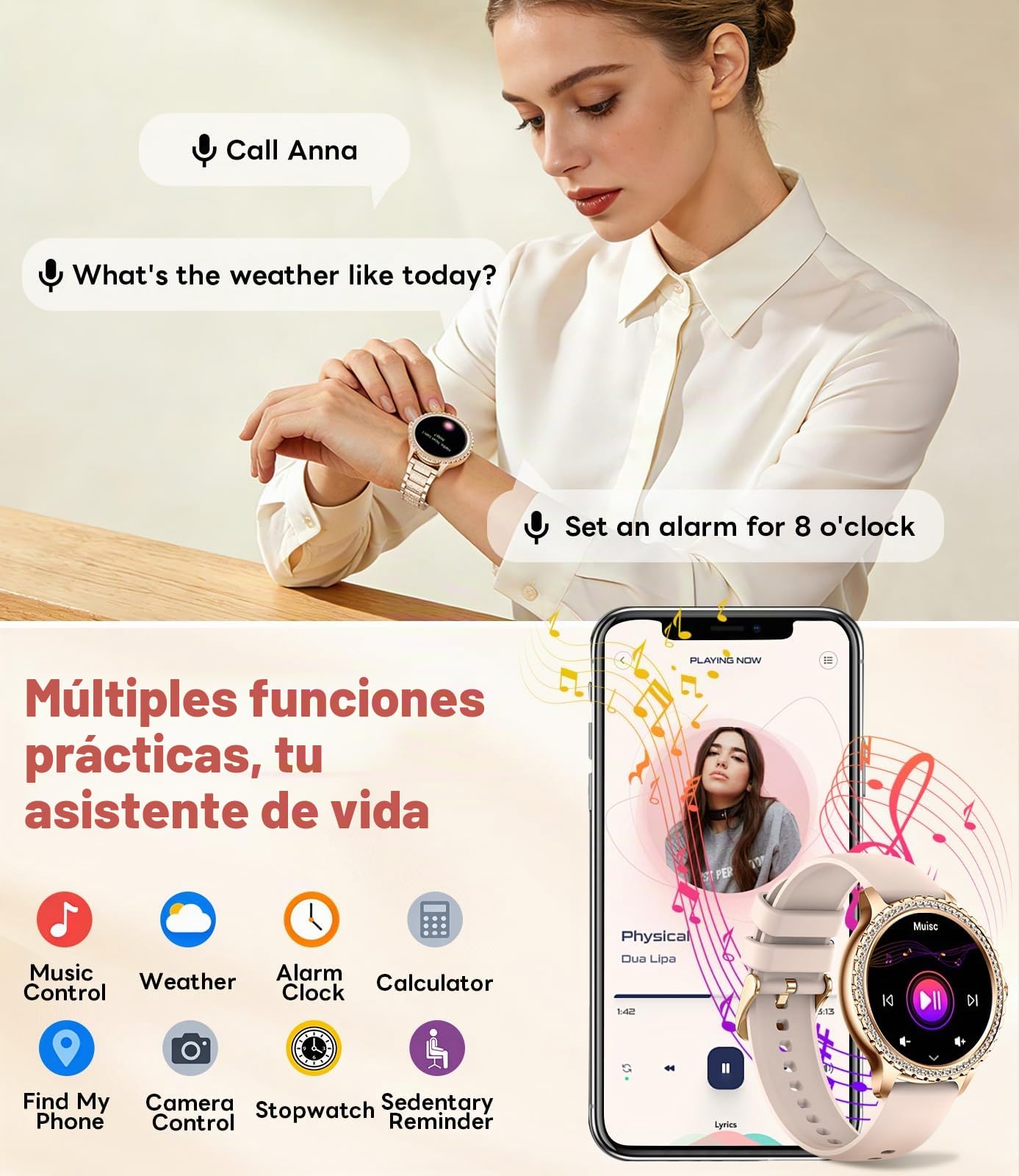 Reloj Inteligente Mujer con Diamantes, 1,32" Smartwatch Mujer con Llamadas Bluetooth, Monitor de Frecuencia Cardíaca/Sueño, 500 + Esferas, IP68, 110+ Modos Deportivos para Android e iOS, Oro Rosa