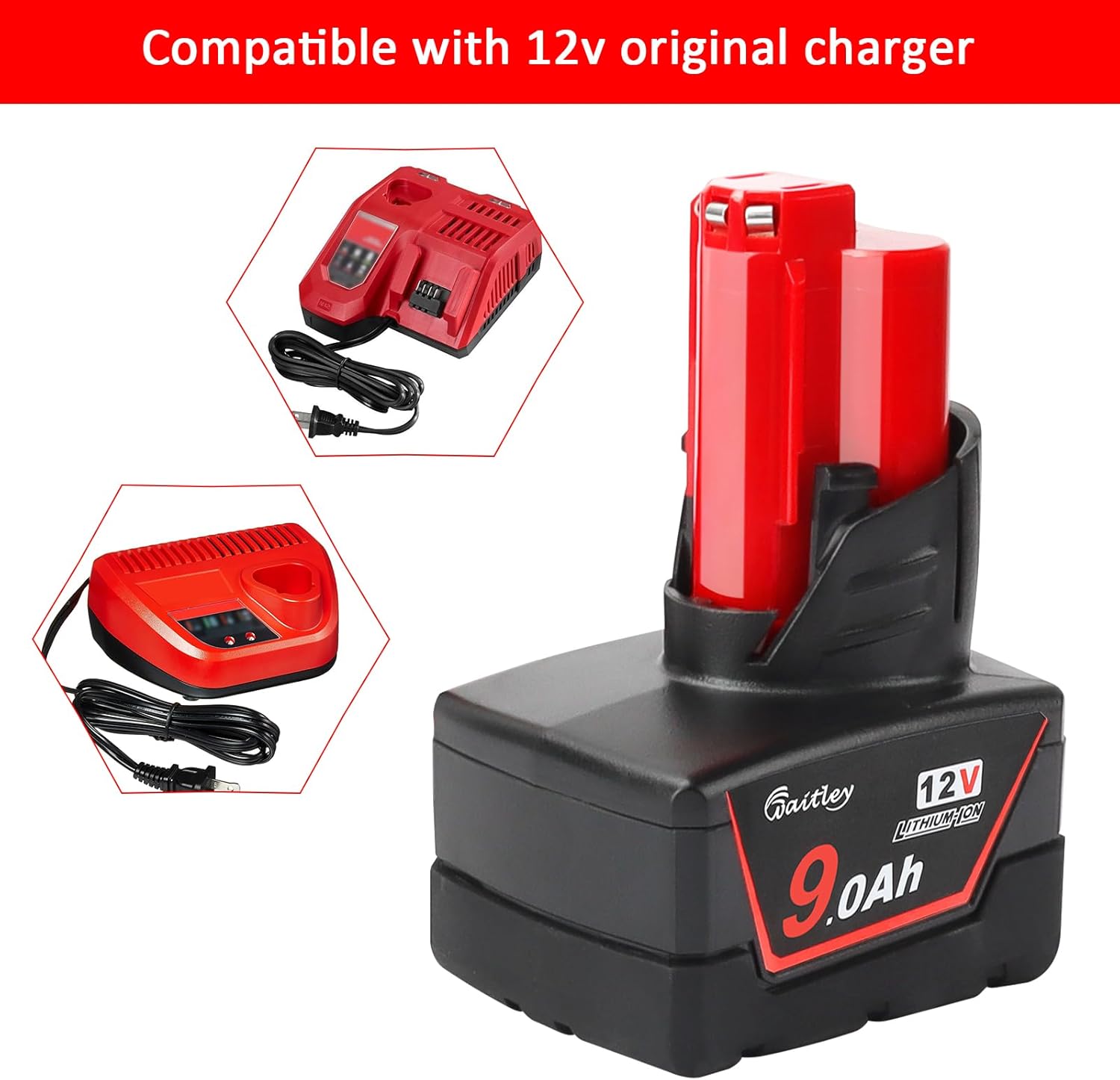 waitley 2 Pack 12V 9Ah Replacement Battery Compatible with Milwaukee 12V Power Tools (Not Made in Milwaukee) - Image 5