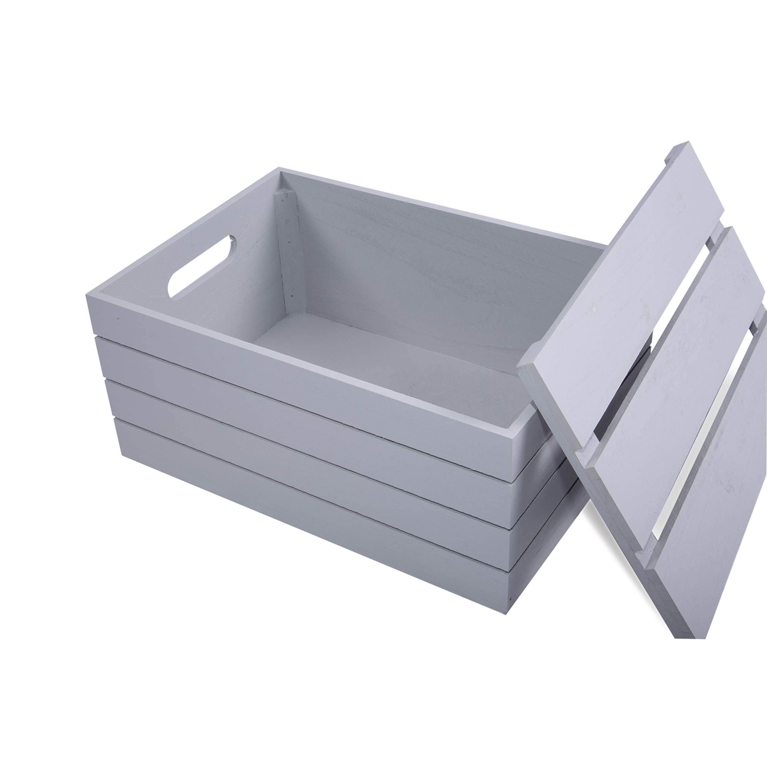 Green Leaves Grey Wooden Crate With Detachable Lid Storage Box Gift Hamper Retail Display Shelve Box (Medium, )