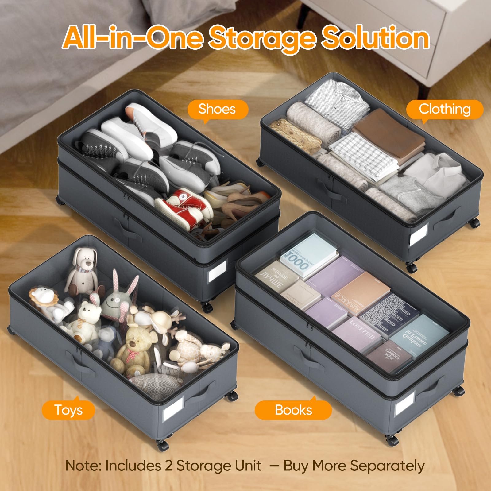 Contenitore sotto il letto con ruote, confezione da 2 contenitori scalabili sotto il letto con coperchi, organizer per scarpe sotto il letto, cassetti per vestiti, scarpe, giocattoli, ecc