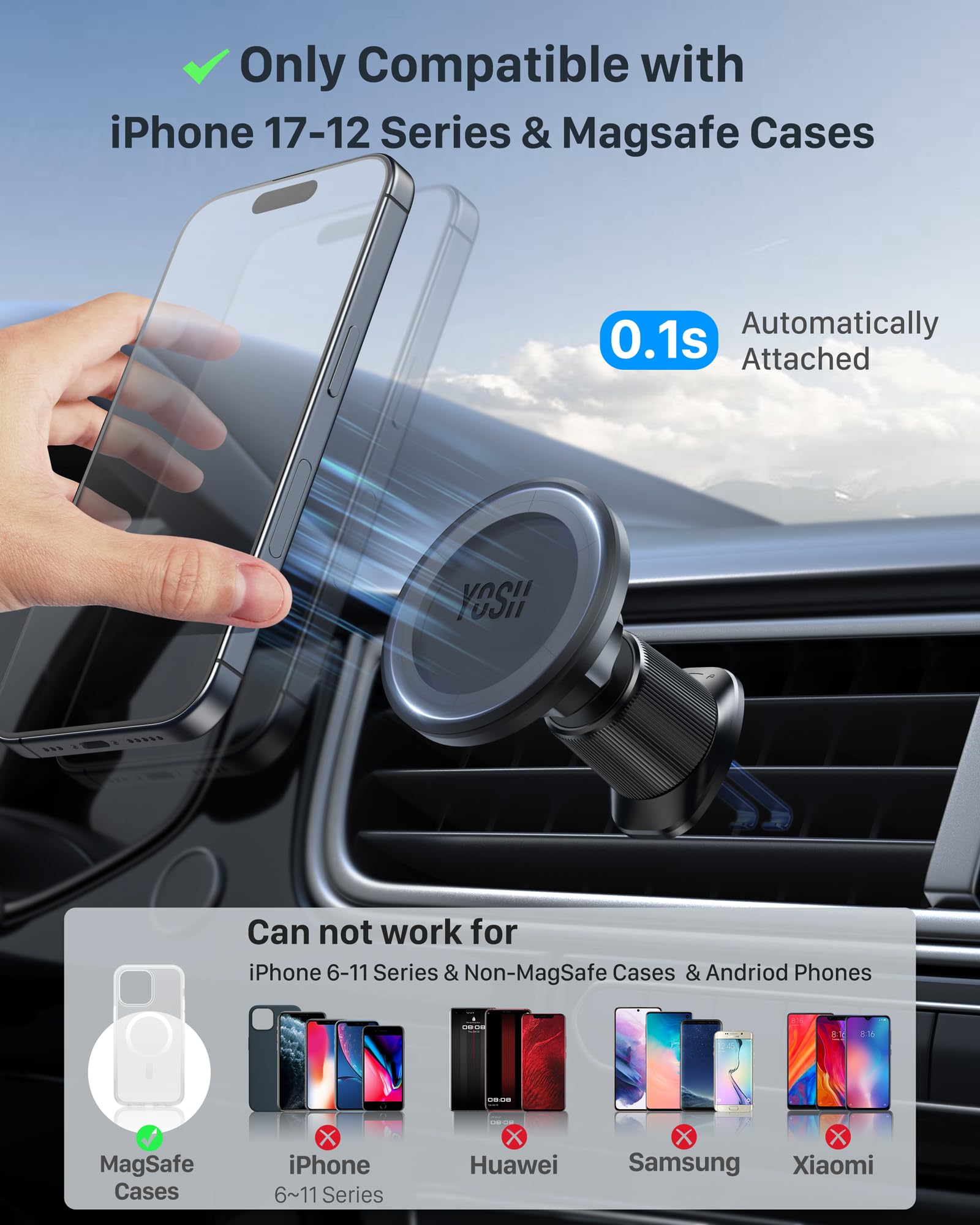 YOSH Porta Cellulare Auto per MagSafe, Supporto Telefono Auto Magnetico per Presa d'Aria, Porta 360° Rotation, per iPhone 16/15/14/13/12 & custodia Mag-Safe