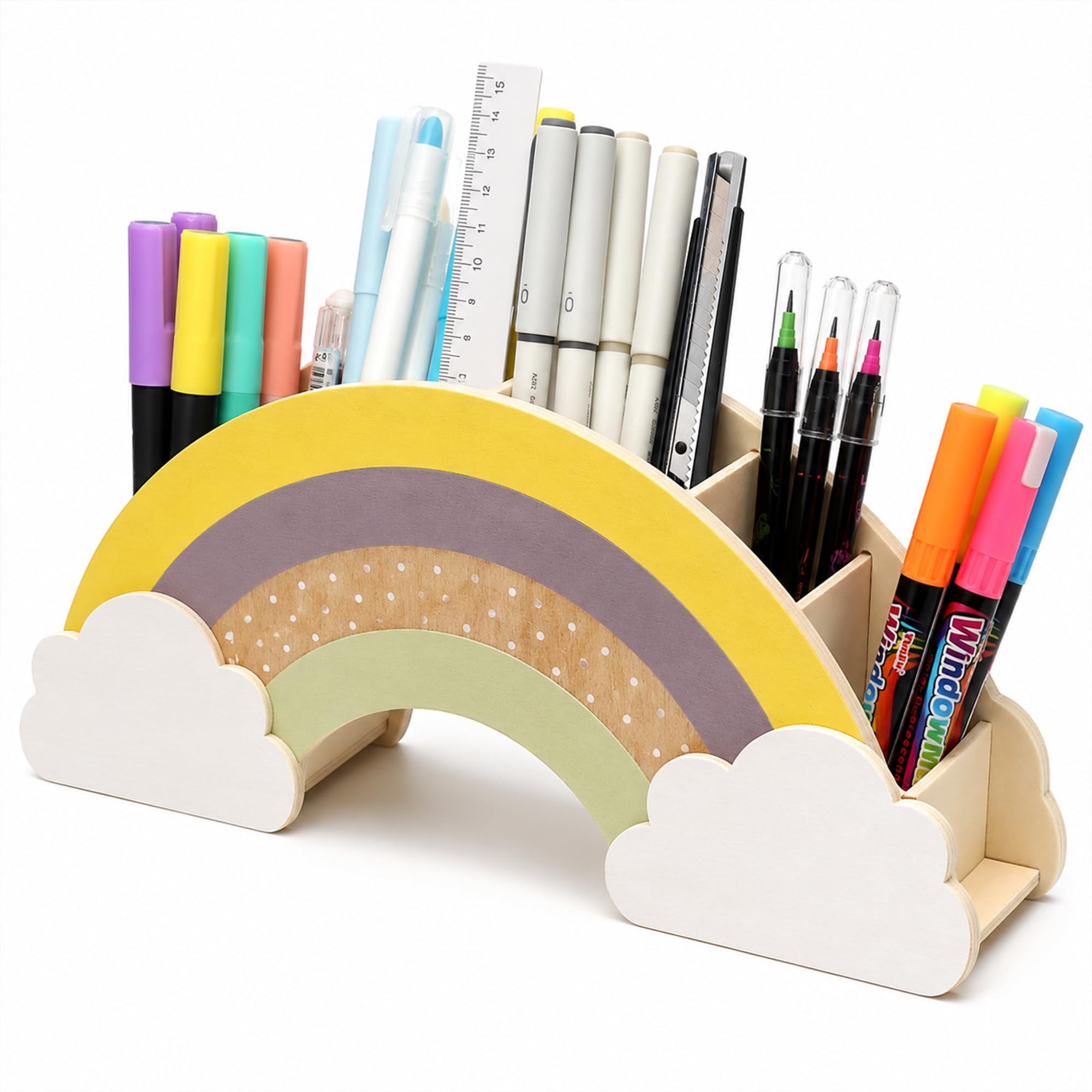 Rainbow Wooden Desk Organiser for Kids – Children’s Pencil Pot & Stationery Holder – 6 Compartments – Colourful Desktop Storage for Art Supplies, Pens, Brushes & Homework – Perfect Back to School Gift