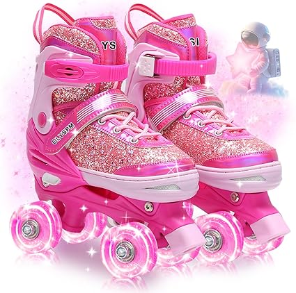 Patines 4 Ruedas, Empeine Luminiscente,4 tamaños Ajustables con 8 Ruedas Que Brillan y Bolsa de Almacenamiento para Niña