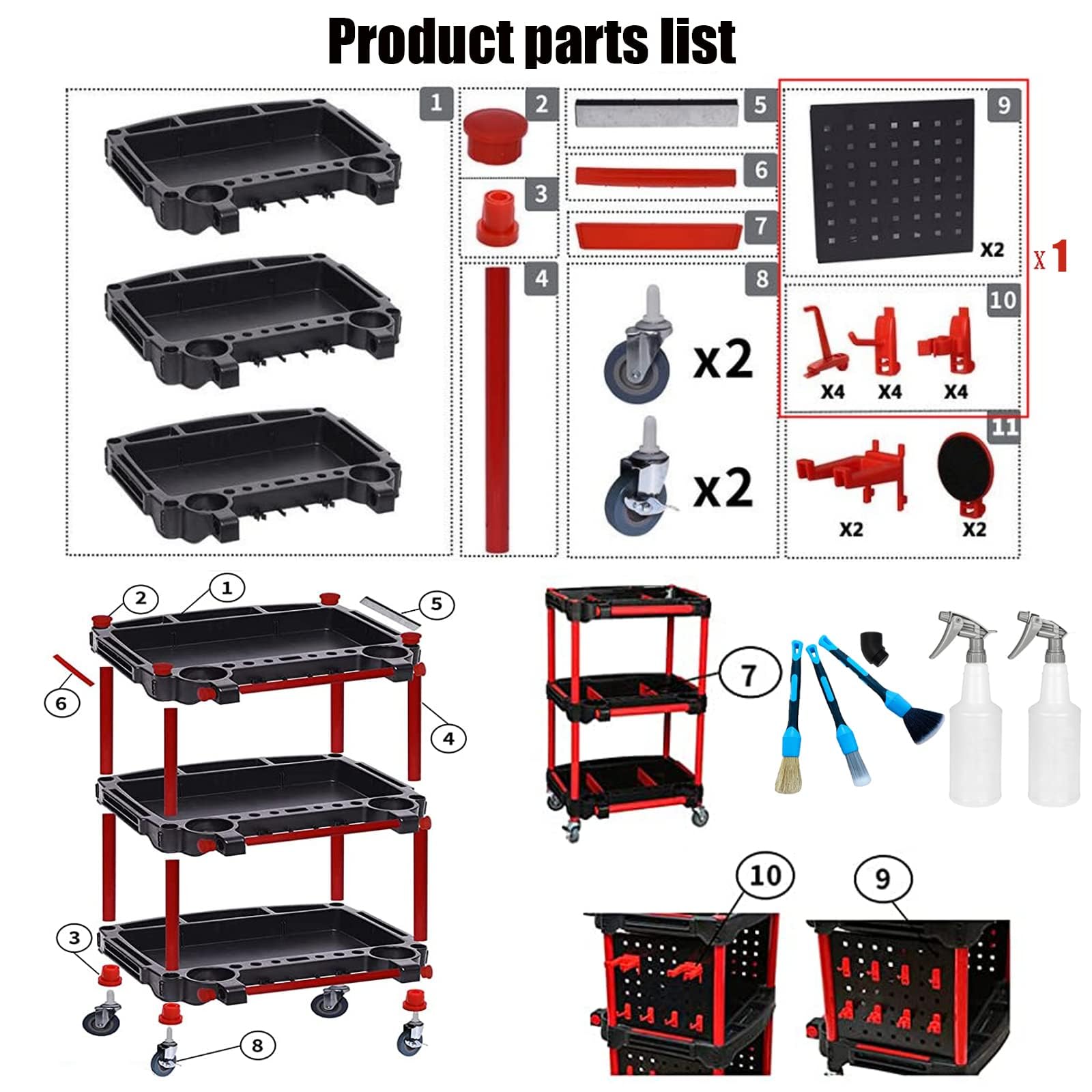 Carrito rodante de 3 niveles con placas laterales para colgar, ganchos, cepillo de limpieza y botella de spray, organizador de herramientas de lavado de coche para reparaciones y encerado