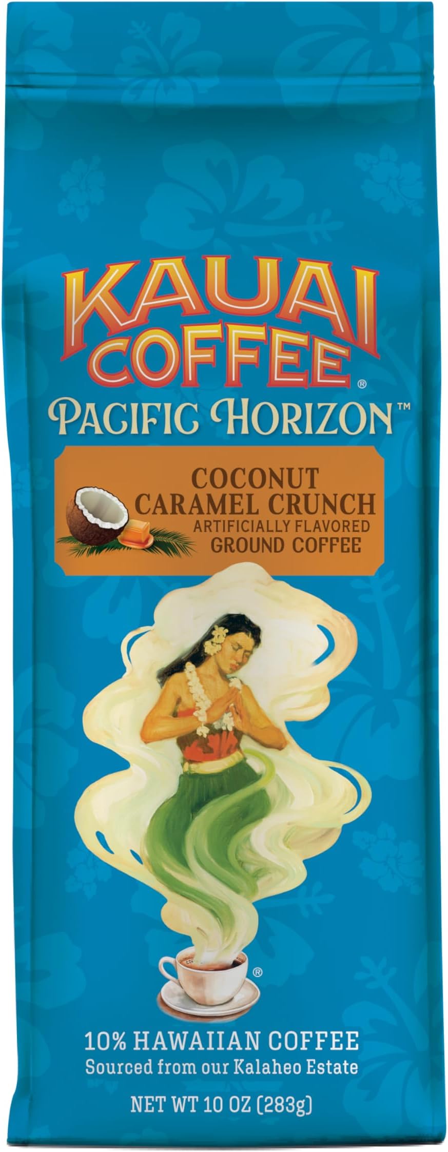 Kauai Ground Coffee, Coconut Caramel Crunch- Arabica Coffee from Hawaii s Largest Coffee Grower-Tropical Coconut and Sweet Nutty Caramel Flavors with Medium-Roasted Beans (10 Ounces)