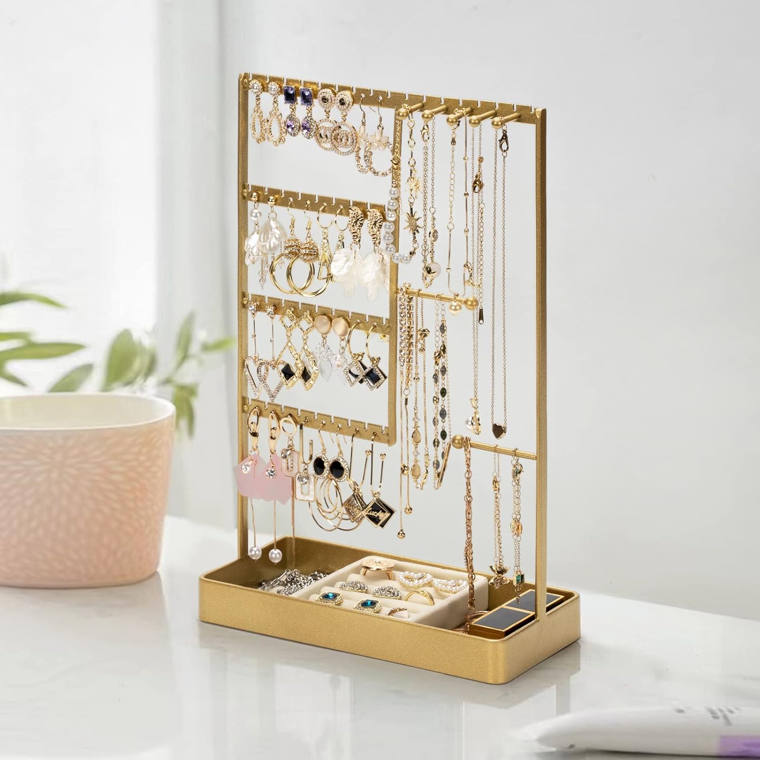 Jewelry Organizer, 4-Tier Earring Holder Organizer with Metal Tray, Jewelry Holder Stand for Necklaces Stud Earrings Bracelets and Rings, Earring Organizer (Gold) - Image 5