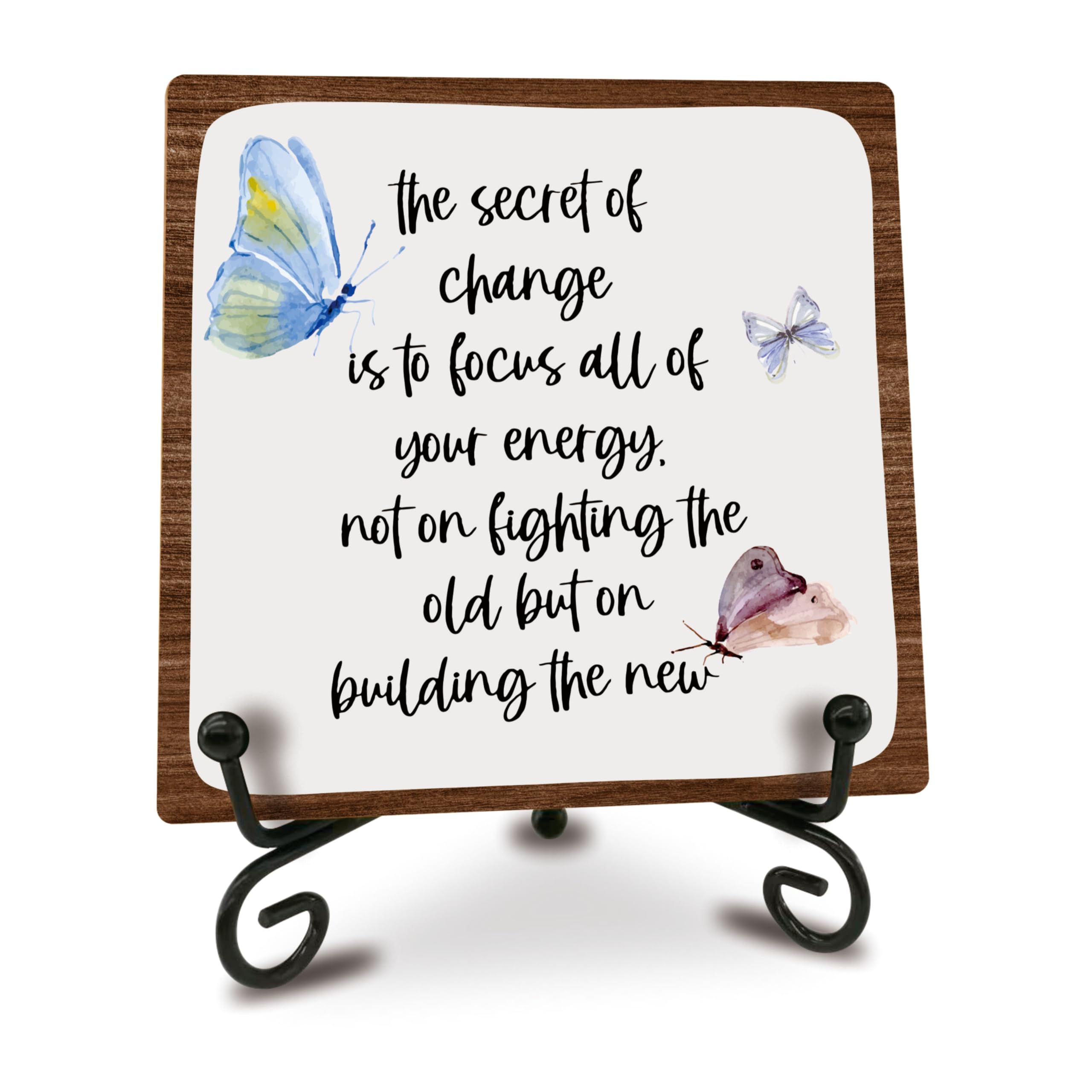 5" Wooden Sign Gift - The Secret Of Change Focus Your Energy - Motivational Coworker Gifts Wooden Plaque With Metal Stand, Women Gifts, Office Table