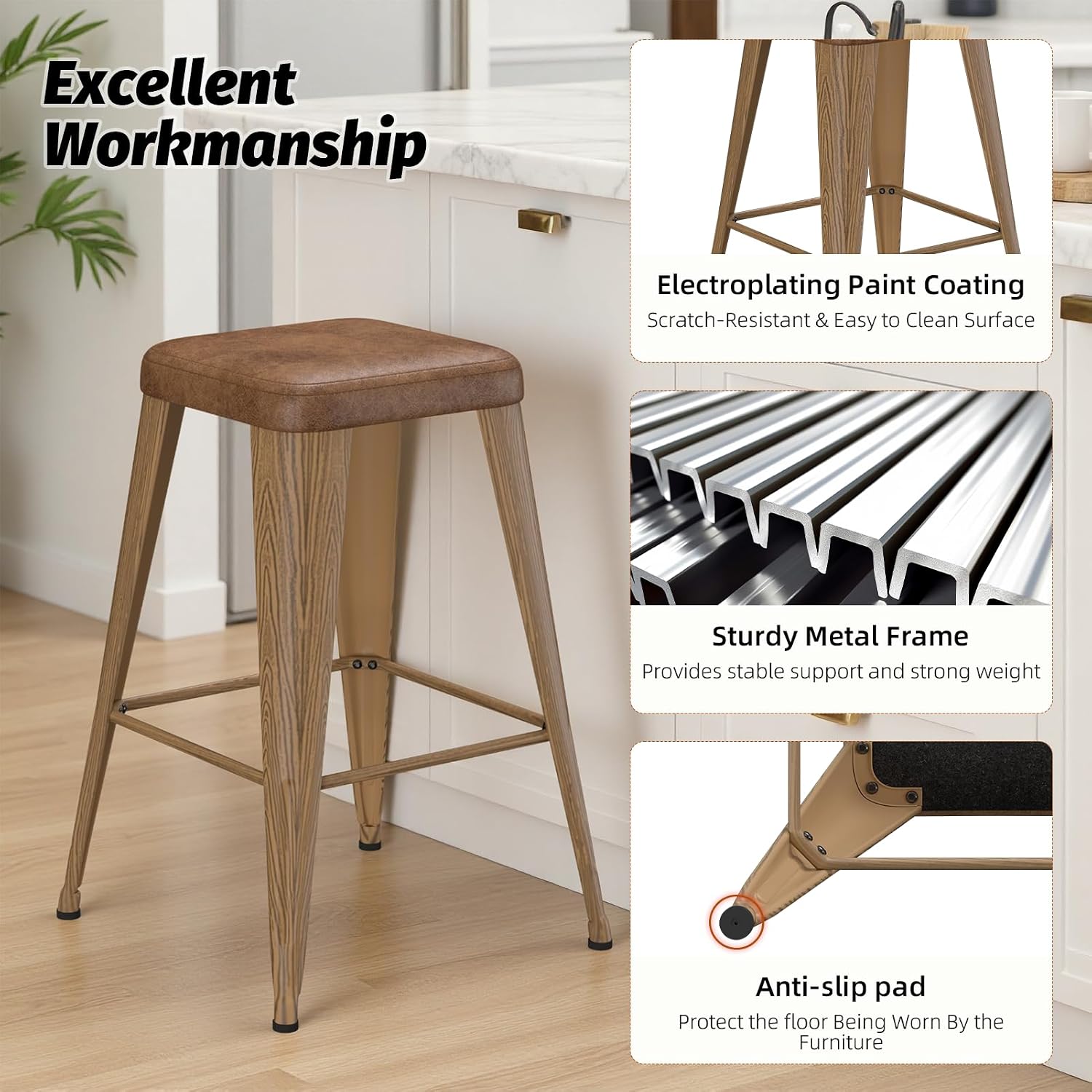Metal Bar stools Set of 4, Upholstered Counter Height Bar Stools with Metal Legs, 24 Inch Industrial Barstools for Kitchen Island, Cafe (Camel Seat, Wood-Grain Legs)