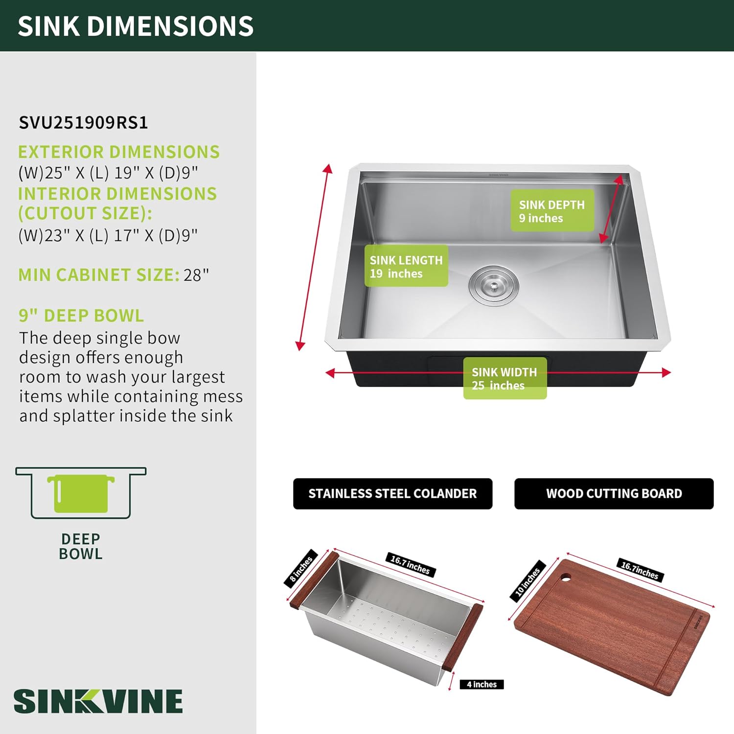 25-inch Undermount Kitchen Sink Workstation, SINKVINE 25x19 Outdoor Sink BBQ, Stainless Steel Single Bowl Basin w/Drain Strainer, Bottom Grid, Roll-up Drying Unit, Wood Cutting Board, Deep Colander