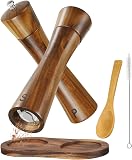 BEZORR Lot de 2 moulins à poivre et sel en acacia avec plateau - Moulin à poivre et sel en acacia avec broyeur en céramique - Broyeurs à épices rechargeables pour la cuisine et la pâtisserie - 1