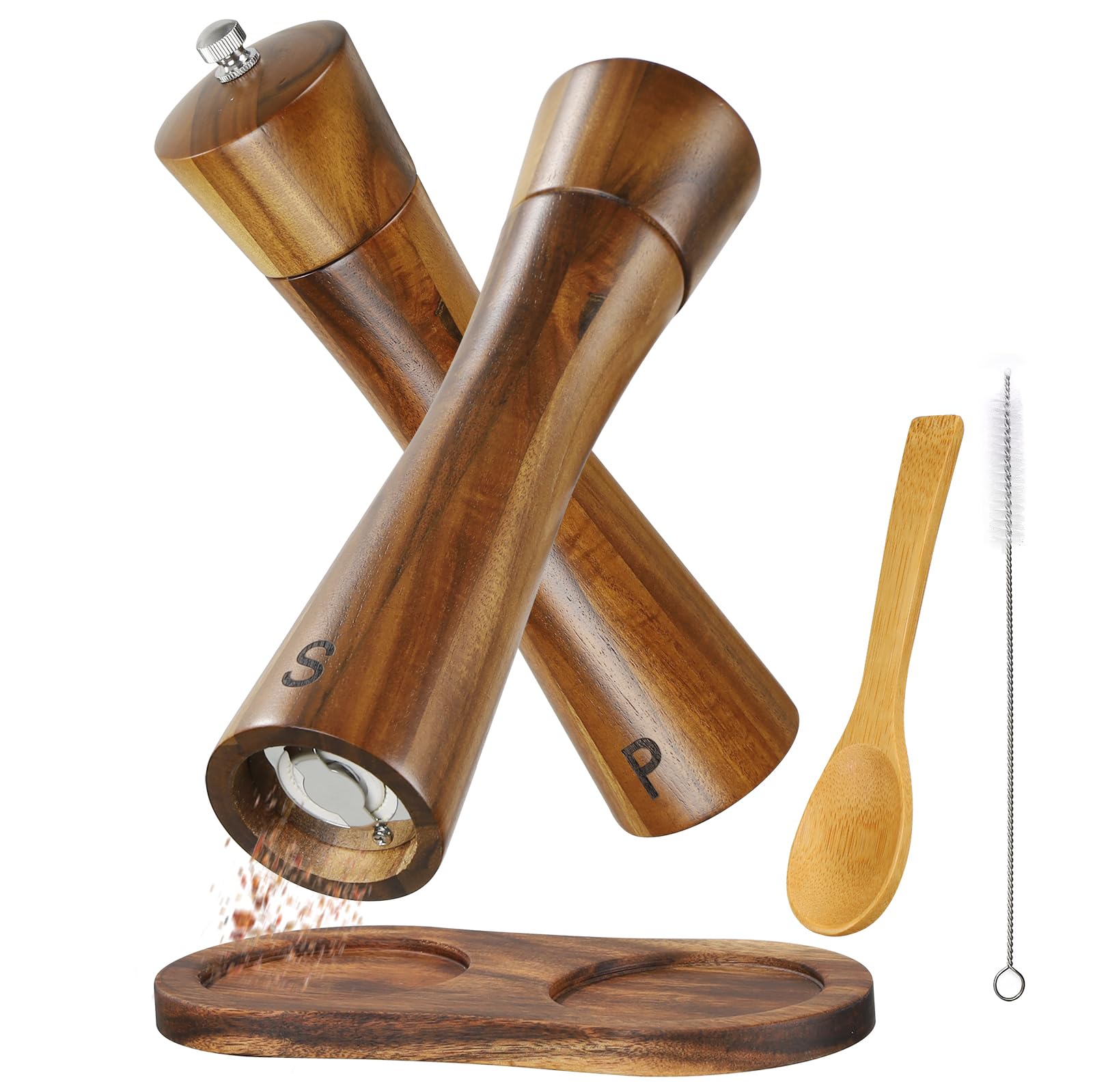 BEZORR Set macina sale e pepe, regolabile, in ceramica, 2 pezzi, 20,3 cm, in legno di acacia, con cucchiaio e spazzola, marrone