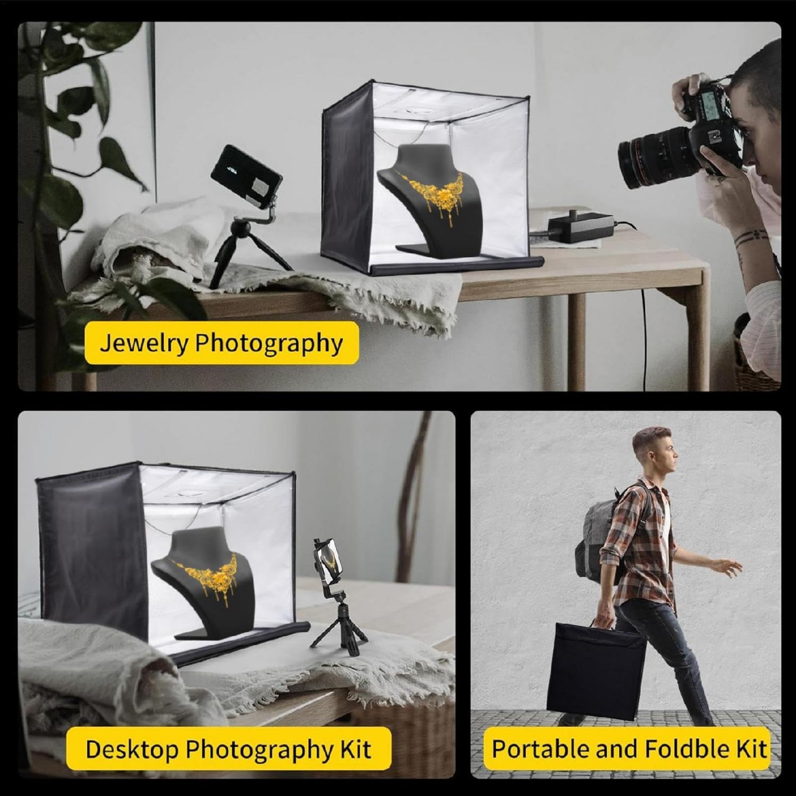 Pro Photo Box 80X80 CM | Coffre Lumineux pour La Photographie De Produit | 3 Températures Lumineuses, avec Boîte Lumineuse, Bande Légère, Bouton De Gradin, 5 Fond en PVC Étanche