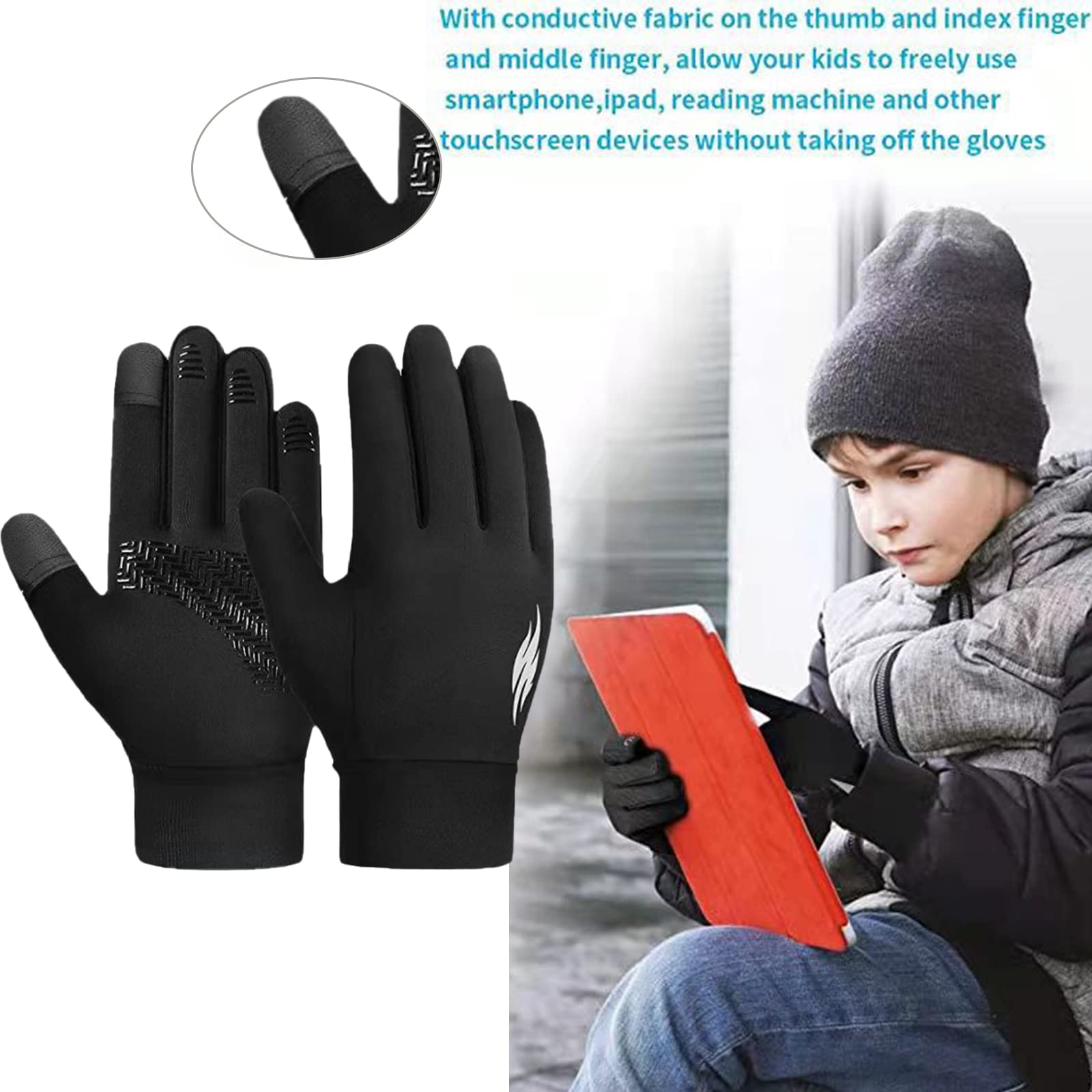 Gants d'hiver chauds imperméables écran tactile 6-12 ans garçons filles course à pied temps froid