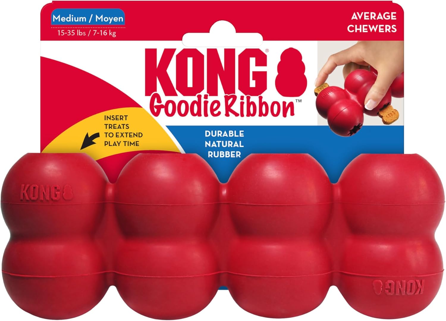 KONG Goodie Ribbon - Stuffable Natural Rubber Dog Toy - with Four Fillable Goodie Grippers for Enrichment Play - Bone-Shaped Chew Toy - for Large Dogs
