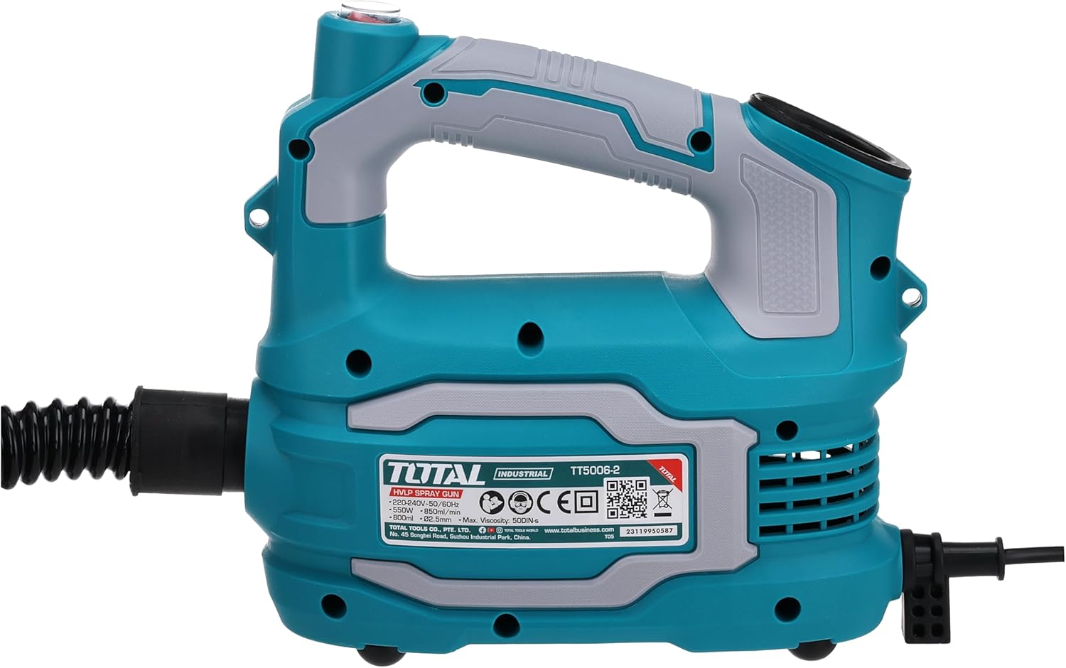 Tukangeun view of the TOTAL HVLP Spray Gun motor unit showing model number and electrical specifications.