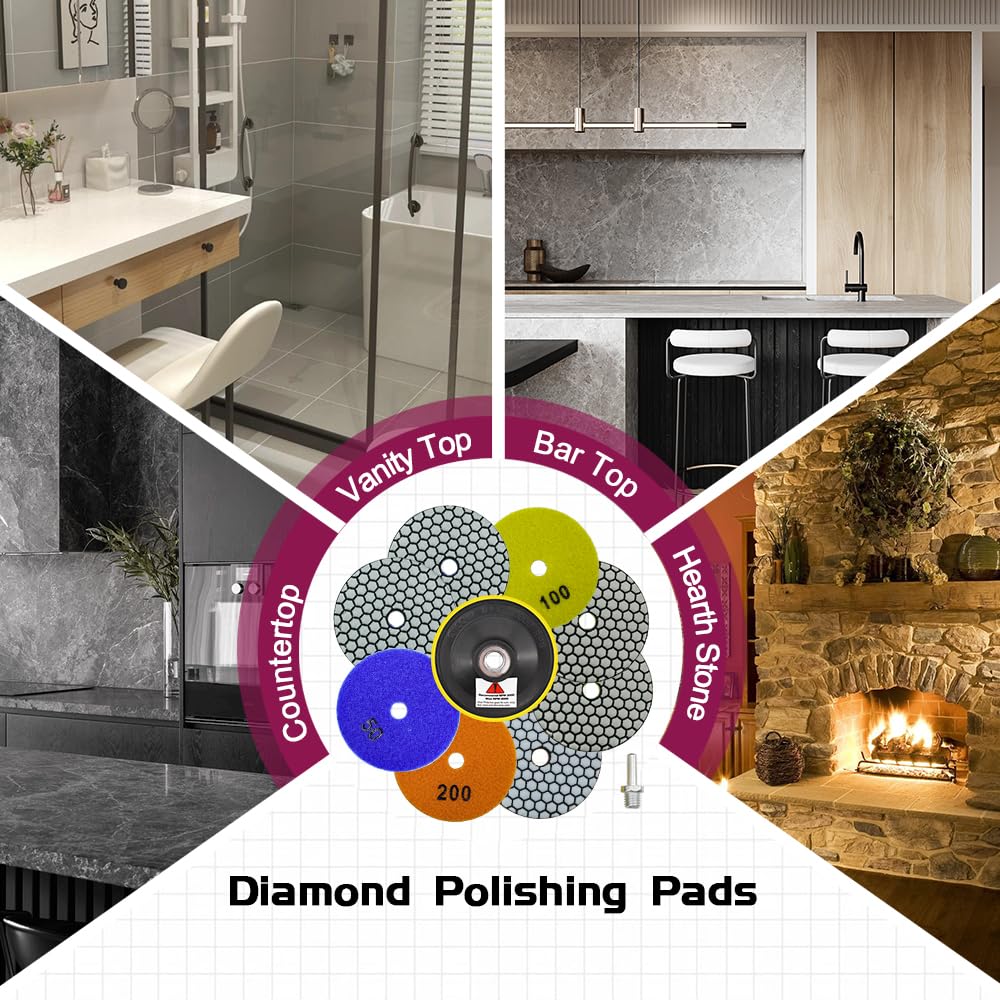 Disques de Polissage Diamant 10 Pièces - 8 Pièces Tampons Polissage 100mm (Grain 50 x 3, 100 x 3, 200 x 2), Plateau de Ponçage, Adaptateur pour Polissage Granit Marbre Quartz Pierre à Sec