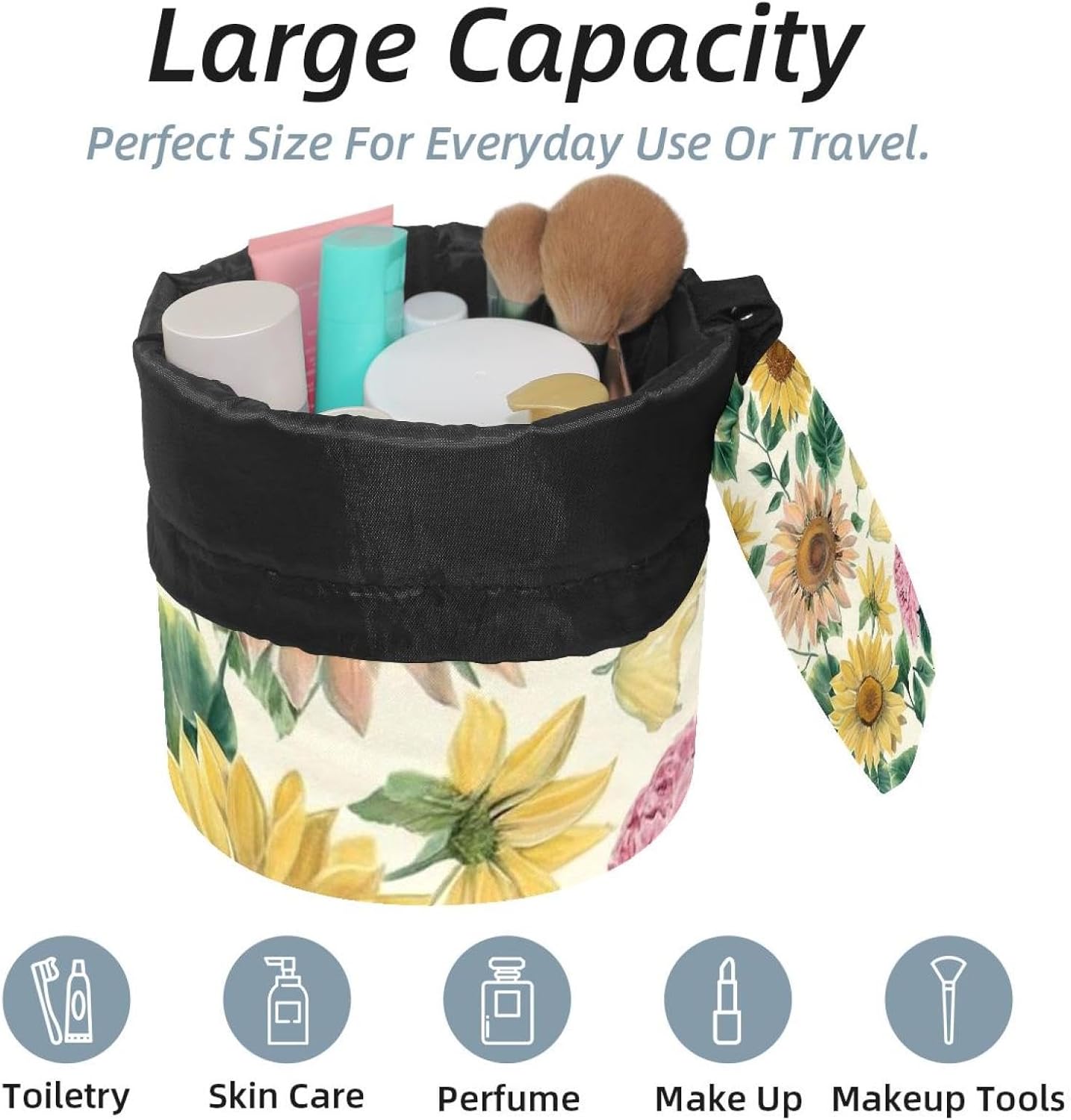 2PCS Colorful Sunflowers-378 Travel Cosmetic Bag Makeup Organizer: Stylish Bathroom Cases with Drawstring, Cylindrical & Small Toiletry Bag image 2