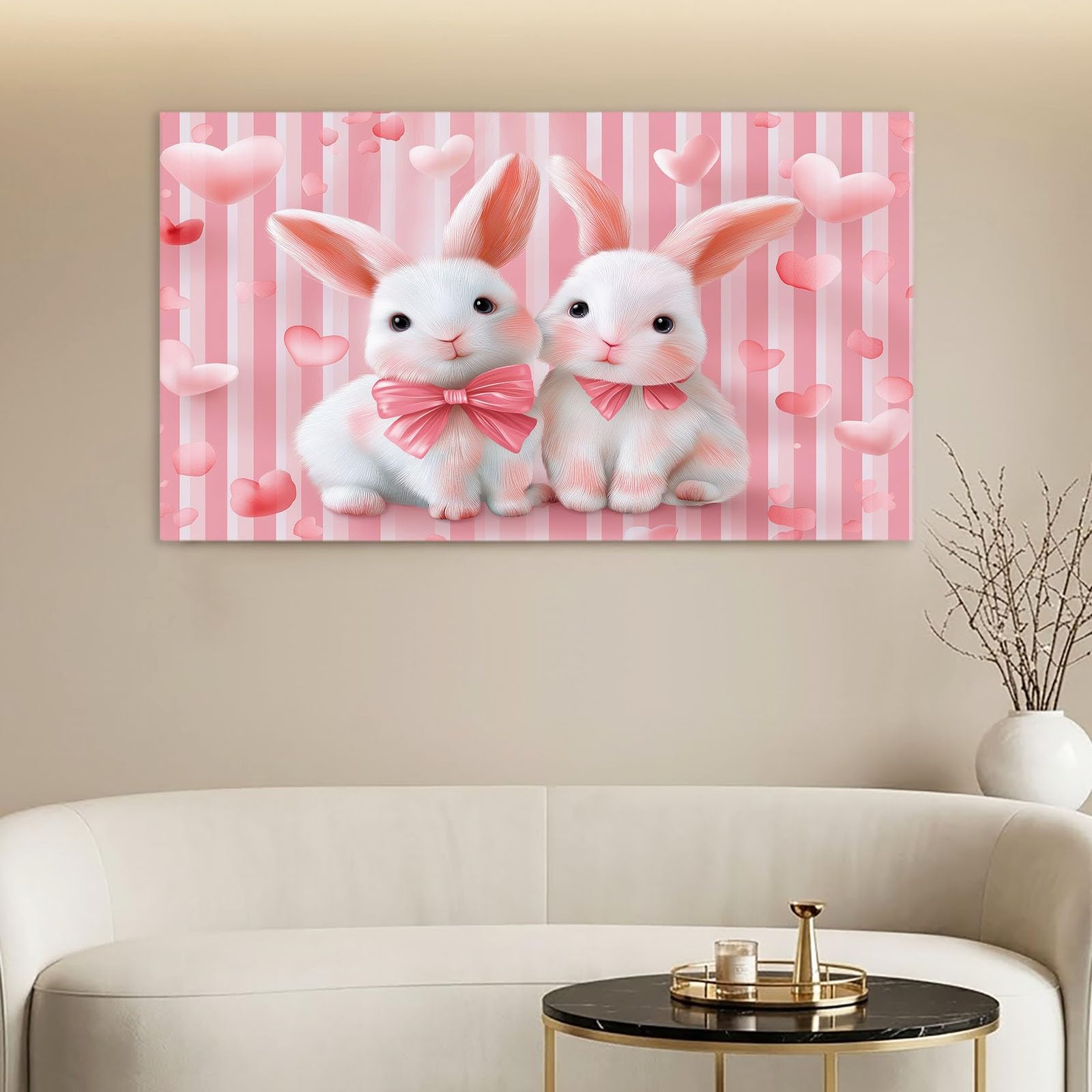 Obrazy na płótnie, z kreskówki, obrazy ścienne do salonu, 100 x 70 cm, druk artystyczny, obrazy na płótnie, różowe zwierzęta, zając serce, paski, dekoracja ścienna do korytarza, sypialni, jadalni i