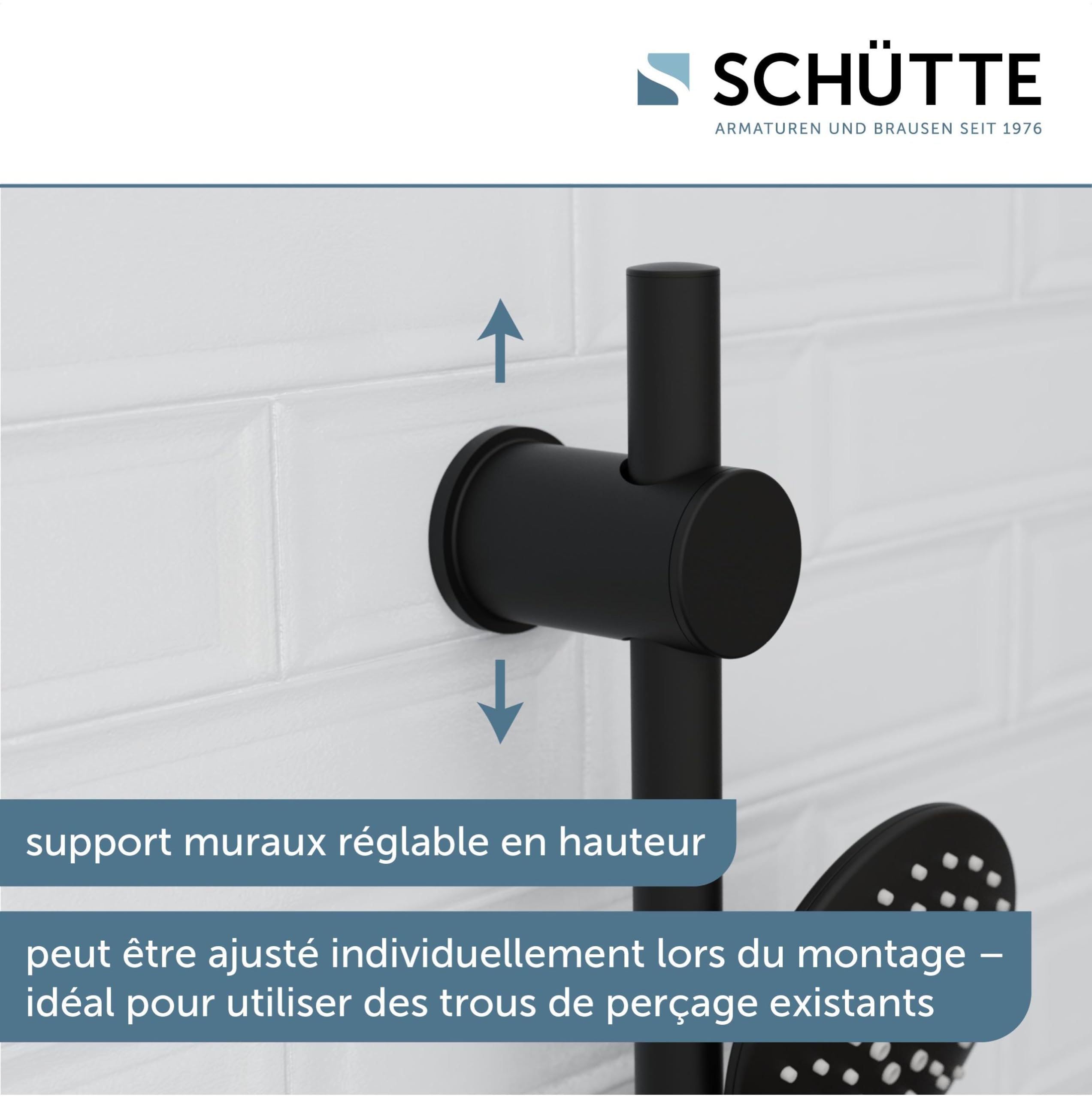 SCHÜTTE RAVEN Barre de Douche et Douchette à Main, Pommeau Avec 3 Positions de Réglage, Kit Avec Colonne, Panneau et Tuyau en Noir