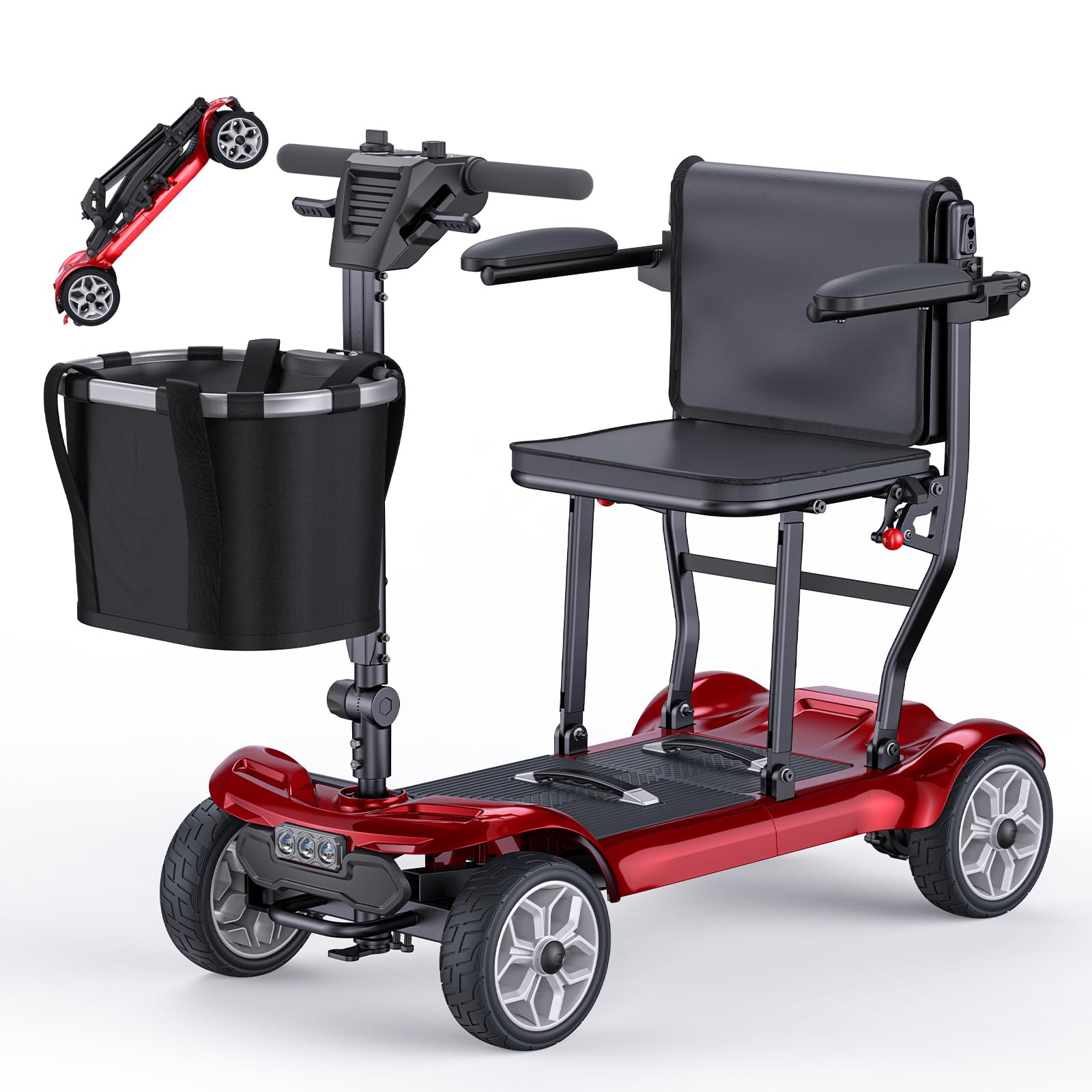 ENGWE Electric Powered Mobility Scooter, 43.2Lbs Lightweight Folding Mobility Scooters for Adults Seniors, 24Miles Long Travel w/Removable 240/240WH*2 Lithium Batteries (Red, Dual Batteries)