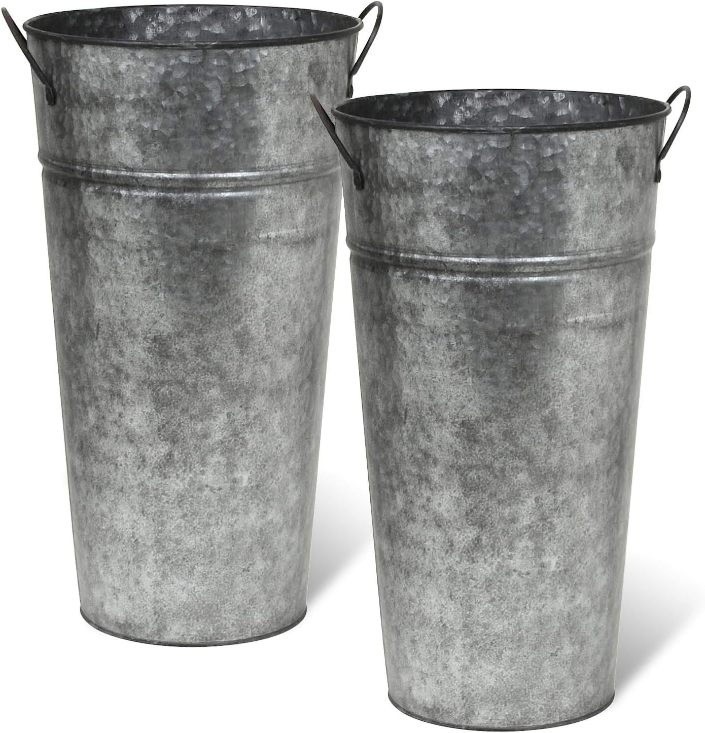 Rustic Metal 13 Inch Galvanized Flower Vase - Set of 2 - French Bucket - Farmhouse Style - Perfect for Fresh and Dried Floral Arrangements for Home and Weddings (Pewter Gray)