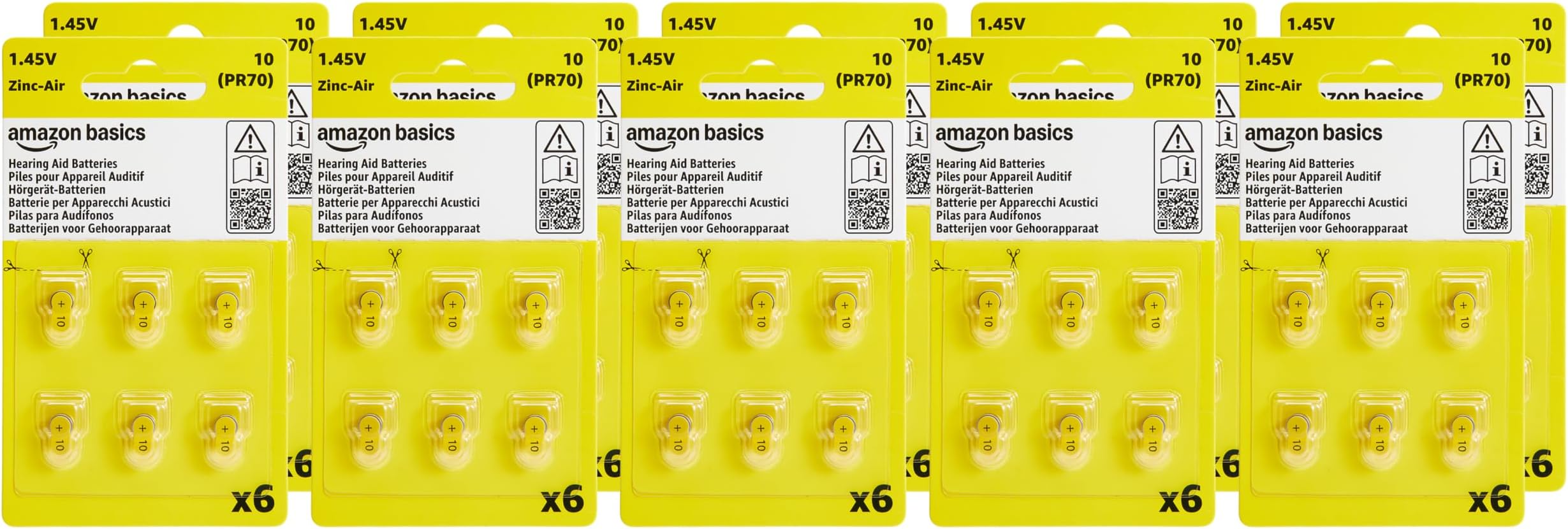Amazon Basics 60-Pack Hearing Aid Size 10 Zinc-Air Batteries, 1.45 Volt, Yellow Tab, 4-Year Shelf Life, Child-Safe Package (Use Scissors to Open)