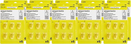 Amazon Basics Paquete de 60 baterías de zinc-aire tamaño 10 audífonos, 1.45 voltios, pestaña amarilla, 4 años de vida útil