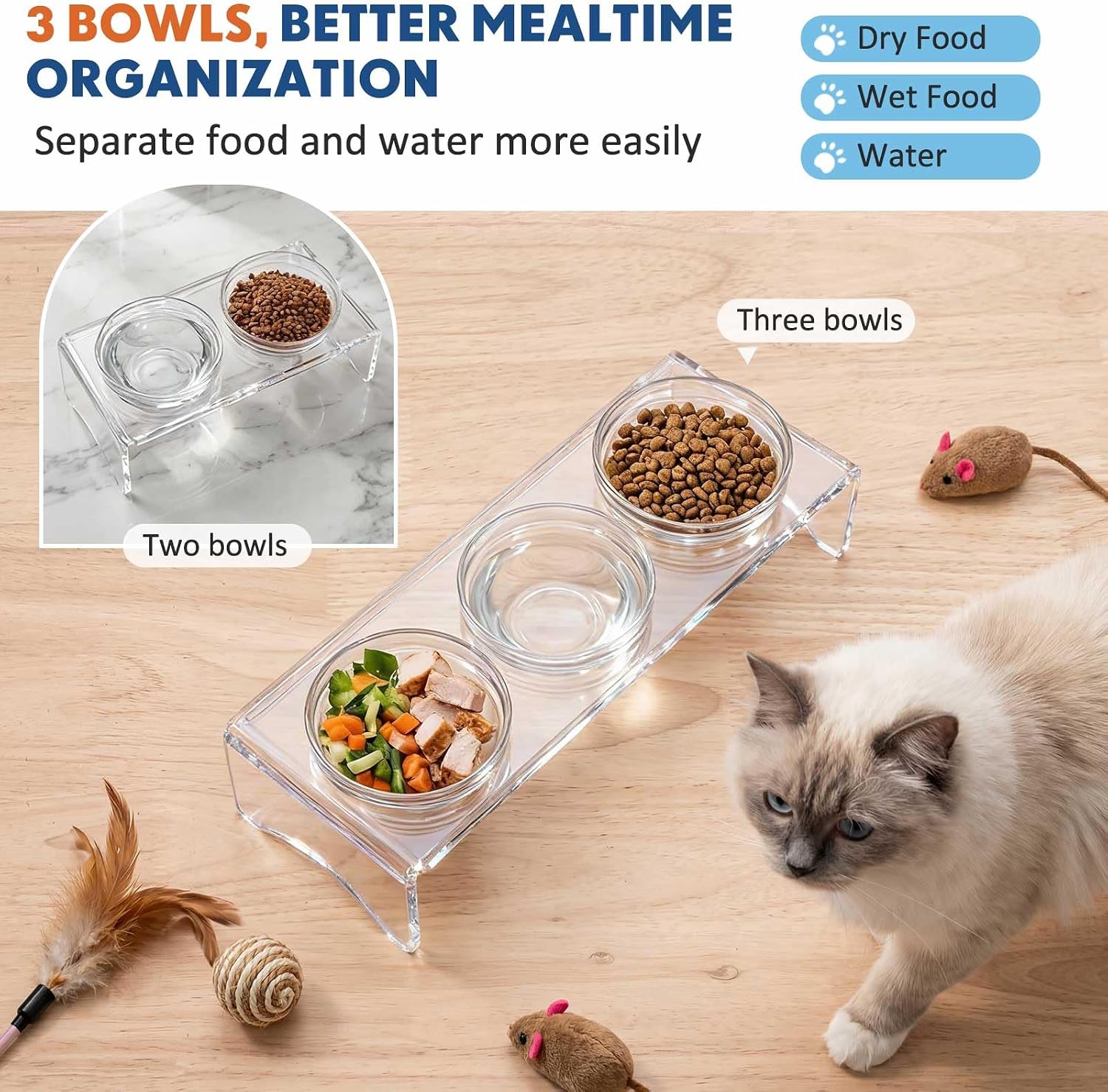 Elevated Acrylic Dogs Bowl Stand, 3.75" Tall Raised Cat & Dog Bowls with 3 Stainless & 3 Glass, Non-Slip, Easy to Clean, Raised Dog Bowls for Small Dogs, Cats, Pets, Puppy