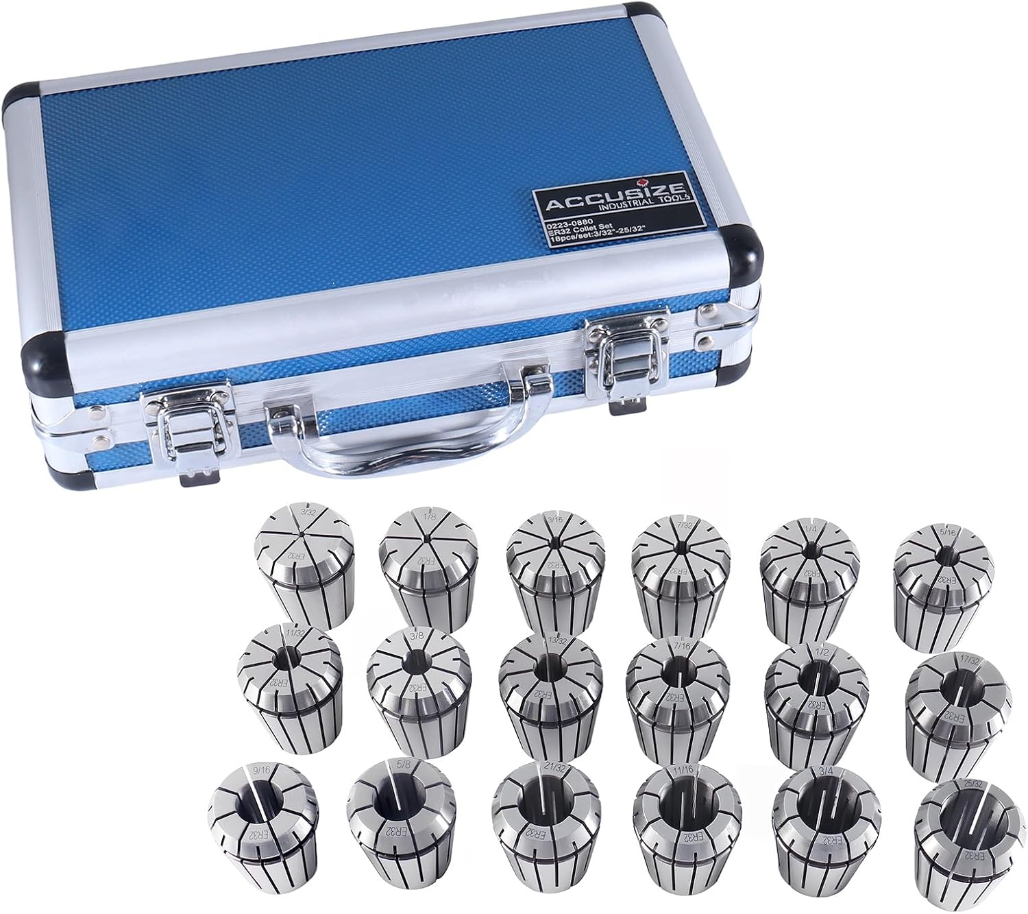 Accusize Industrial Tools - Precision ER32 Collet Set, 18 Pcs, Sizes 3/32'' to 25/32'', High Accuracy, Durable Storage Box, 0223-0880