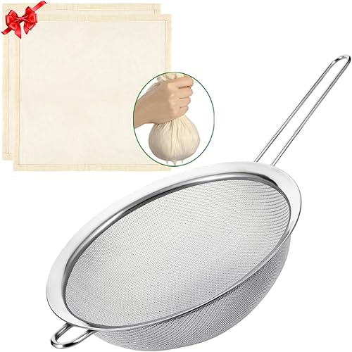 Juego de paños de queso y colador grande de malla fina, coladores de acero inoxidable de 8.7 pulgadas con asa, 20 x 20 pulgadas, gasa de algodón sin